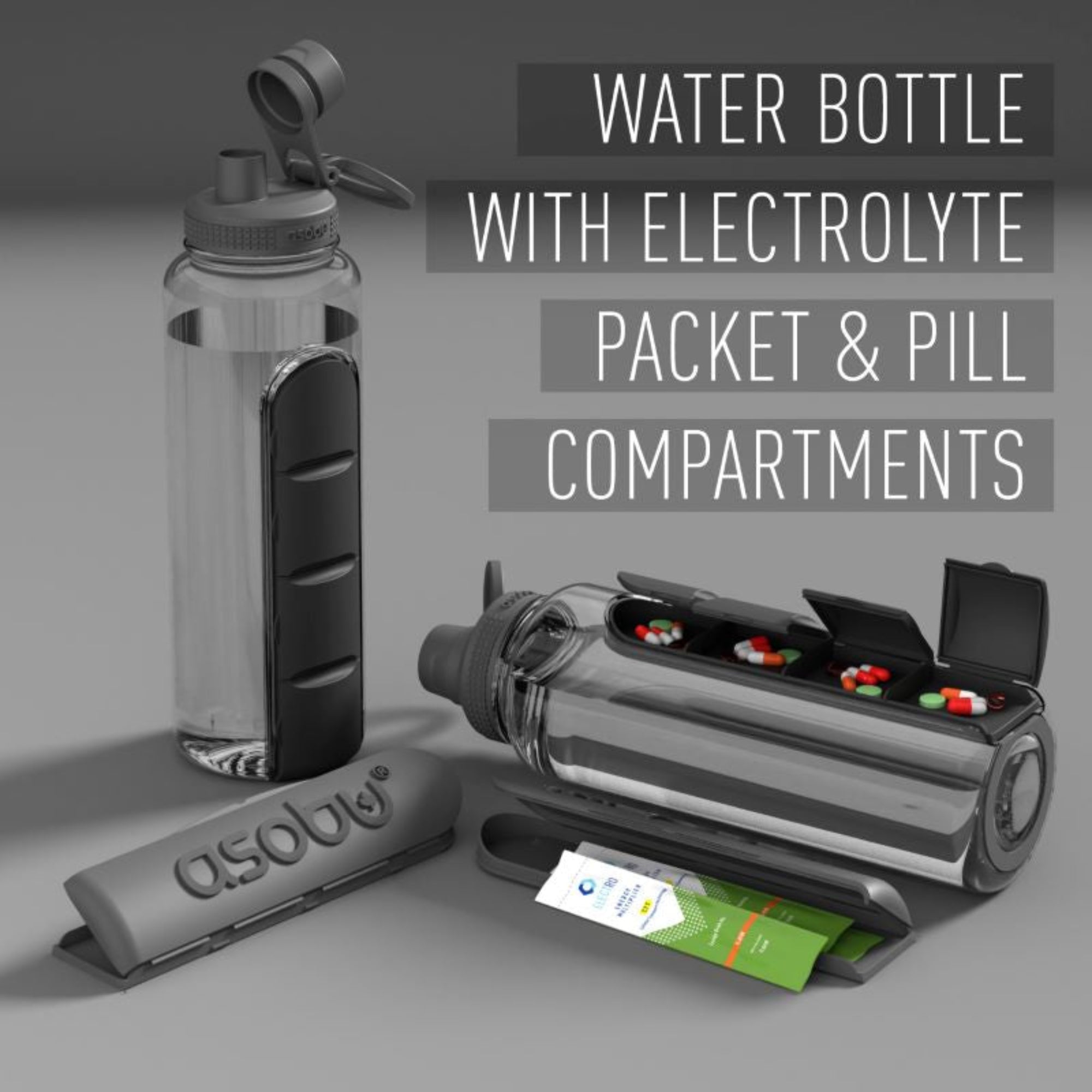 Butelka ASOBU Electrolyte czarna 1,3 l – wytrzymały tritan, wbudowany pojemnik na suplementy, szczelna i lekka, idealna dla aktywnych