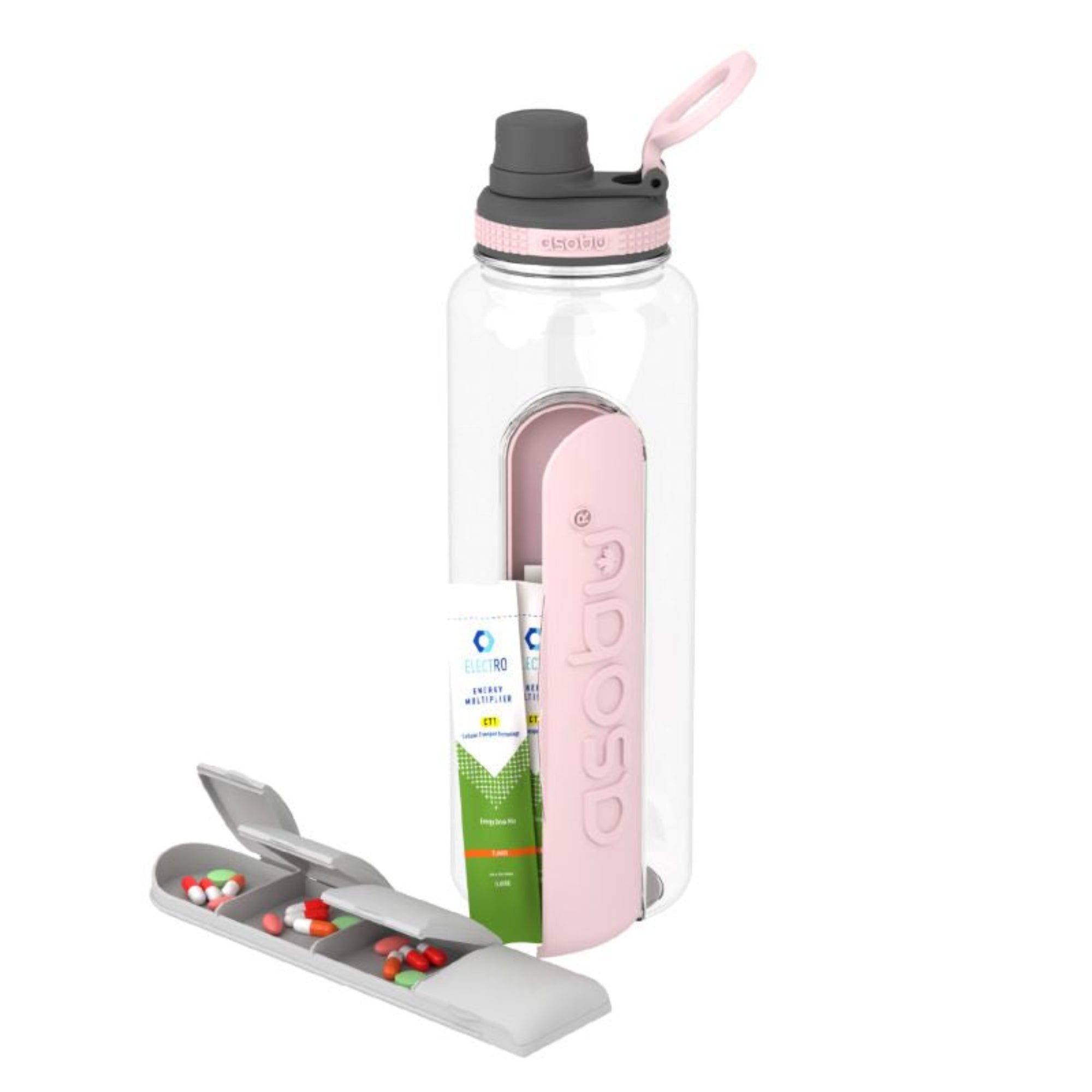 Butelka ASOBU Electrolyte różowa 1,3 l – wytrzymały tritan, wbudowany pojemnik na suplementy, szczelna i lekka, idealna dla aktywnych