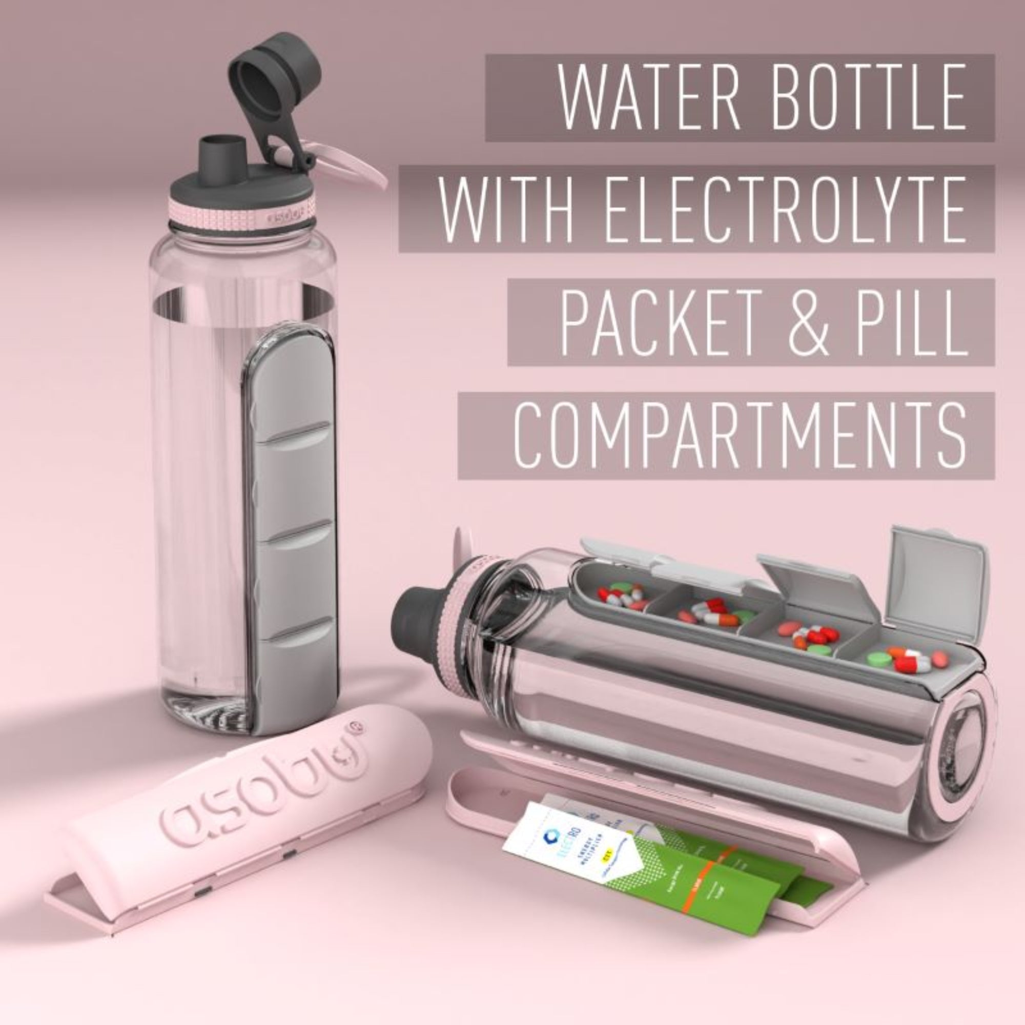 Butelka ASOBU Electrolyte różowa 1,3 l – wytrzymały tritan, wbudowany pojemnik na suplementy, szczelna i lekka, idealna dla aktywnych