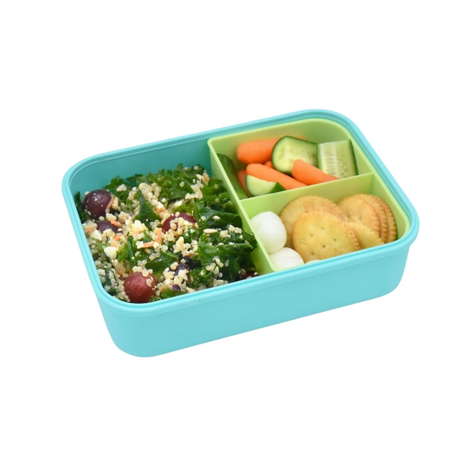 Duży lunchbox z wyjmowanymi przegródkami Melii Blue & Mint - 3 przegródki, 100% szczelności, łatwy do otwierania i bezpieczny dla zdrowia, silikon spożywczy, idealny do szkoły i pracy, kolor: niebieski / zielony