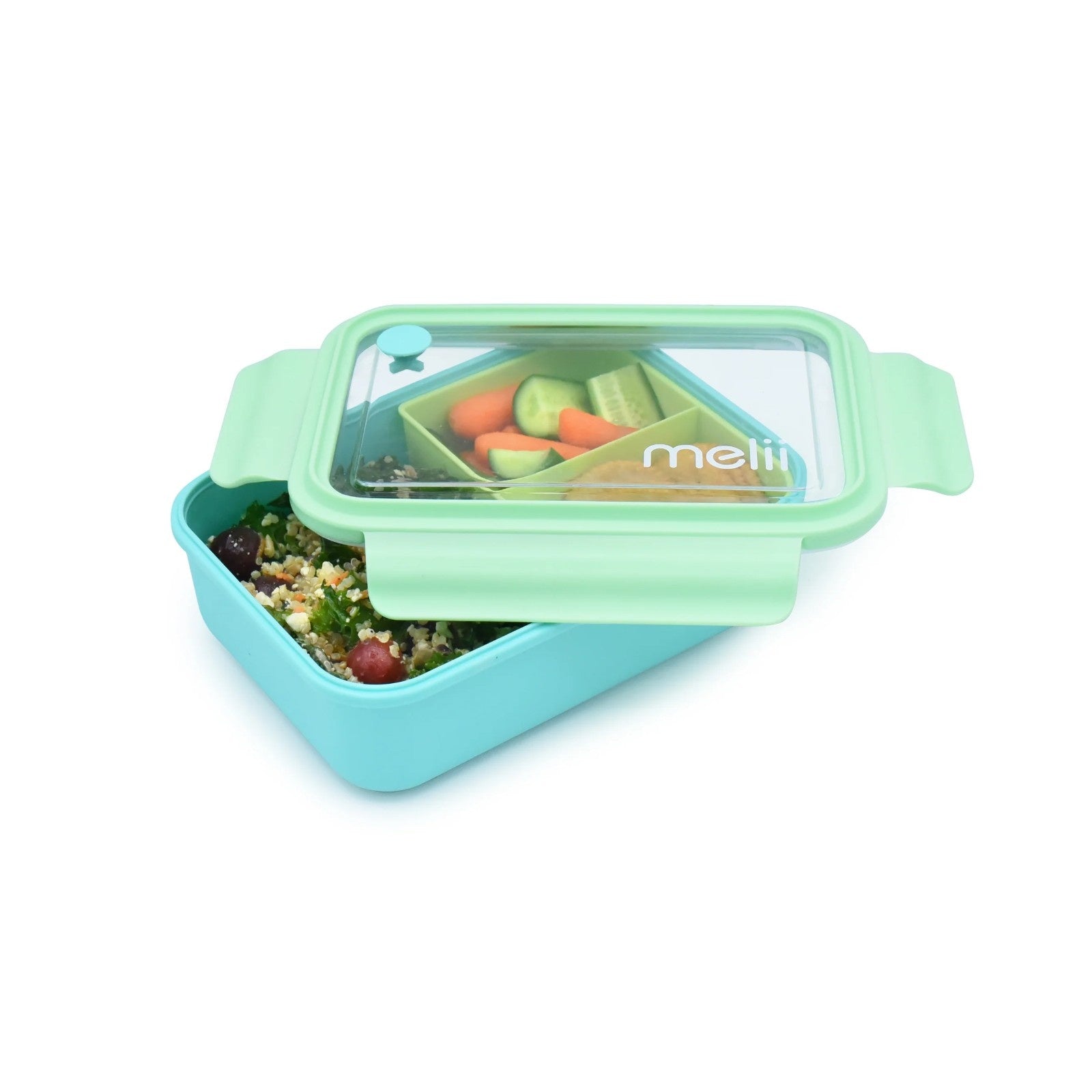 Duży lunchbox z wyjmowanymi przegródkami Melii Blue & Mint - 3 przegródki, 100% szczelności, łatwy do otwierania i bezpieczny dla zdrowia, silikon spożywczy, idealny do szkoły i pracy, kolor: niebieski / zielony