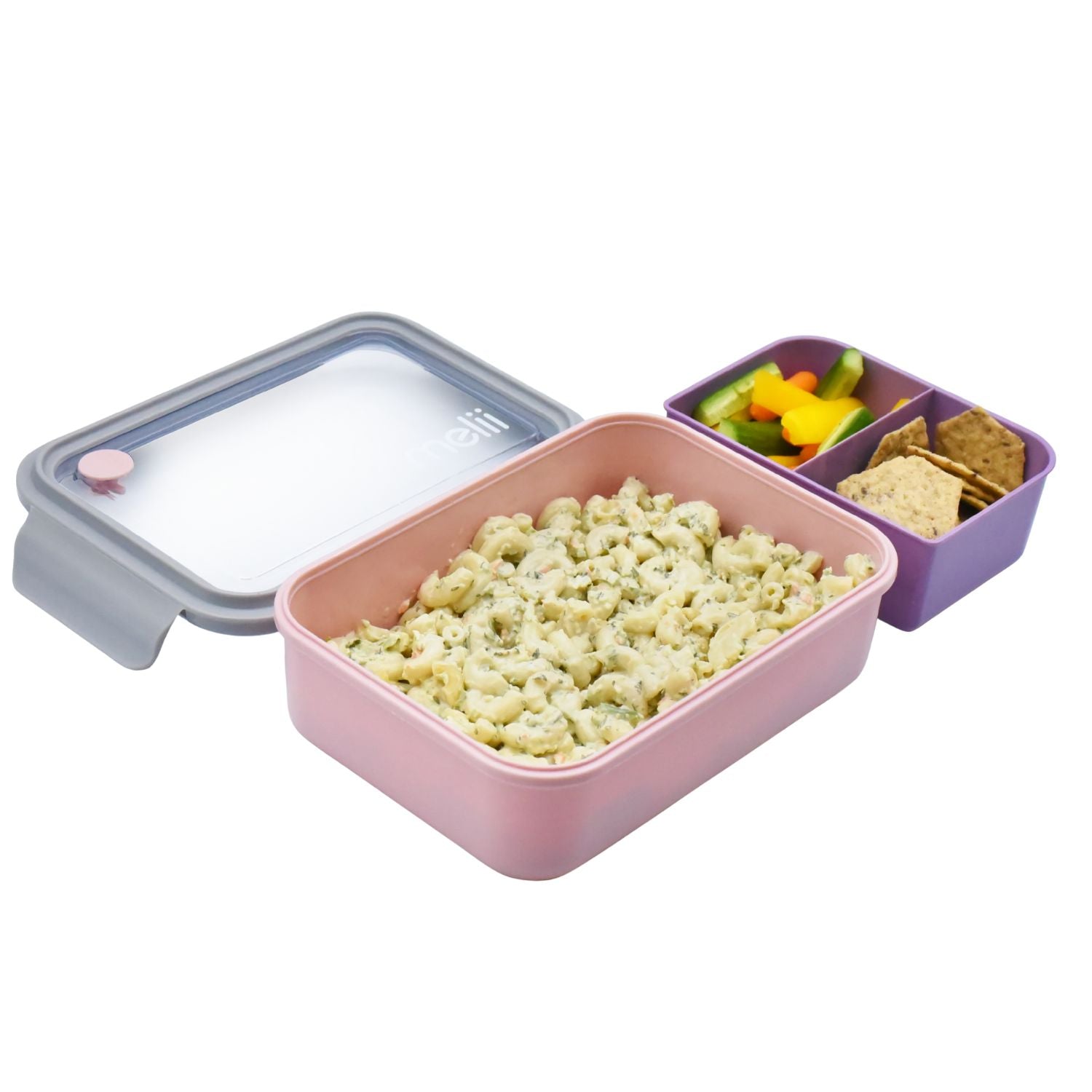 Duży lunchbox z wyjmowanymi przegródkami Melii Pink & Grey - 3 przegródki, 100% szczelności, łatwy do otwierania i bezpieczny dla zdrowia, silikon spożywczy, idealny do szkoły i pracy, kolor: różowy / szary