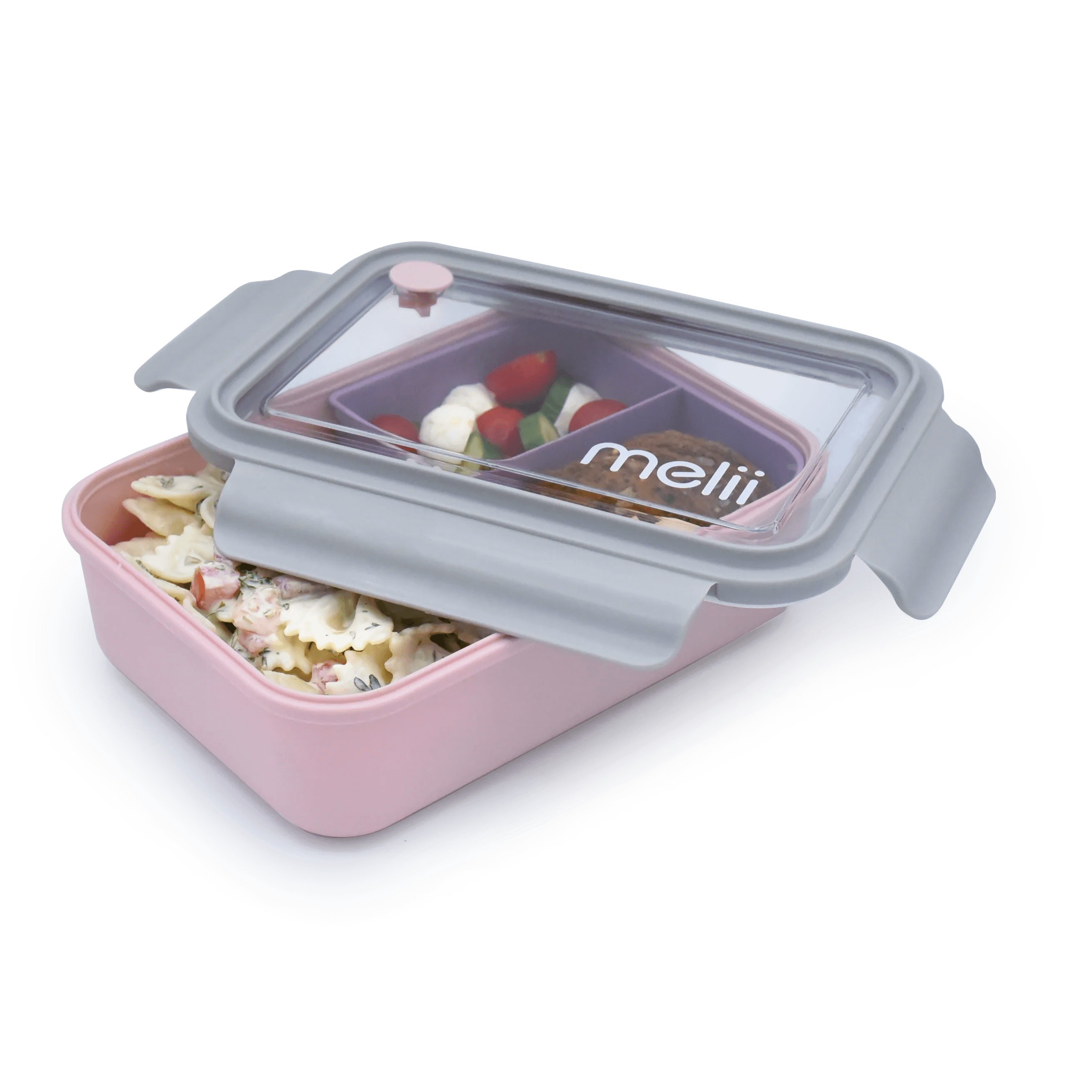 Duży lunchbox z wyjmowanymi przegródkami Melii Pink & Grey - 3 przegródki, 100% szczelności, łatwy do otwierania i bezpieczny dla zdrowia, silikon spożywczy, idealny do szkoły i pracy, kolor: różowy / szary