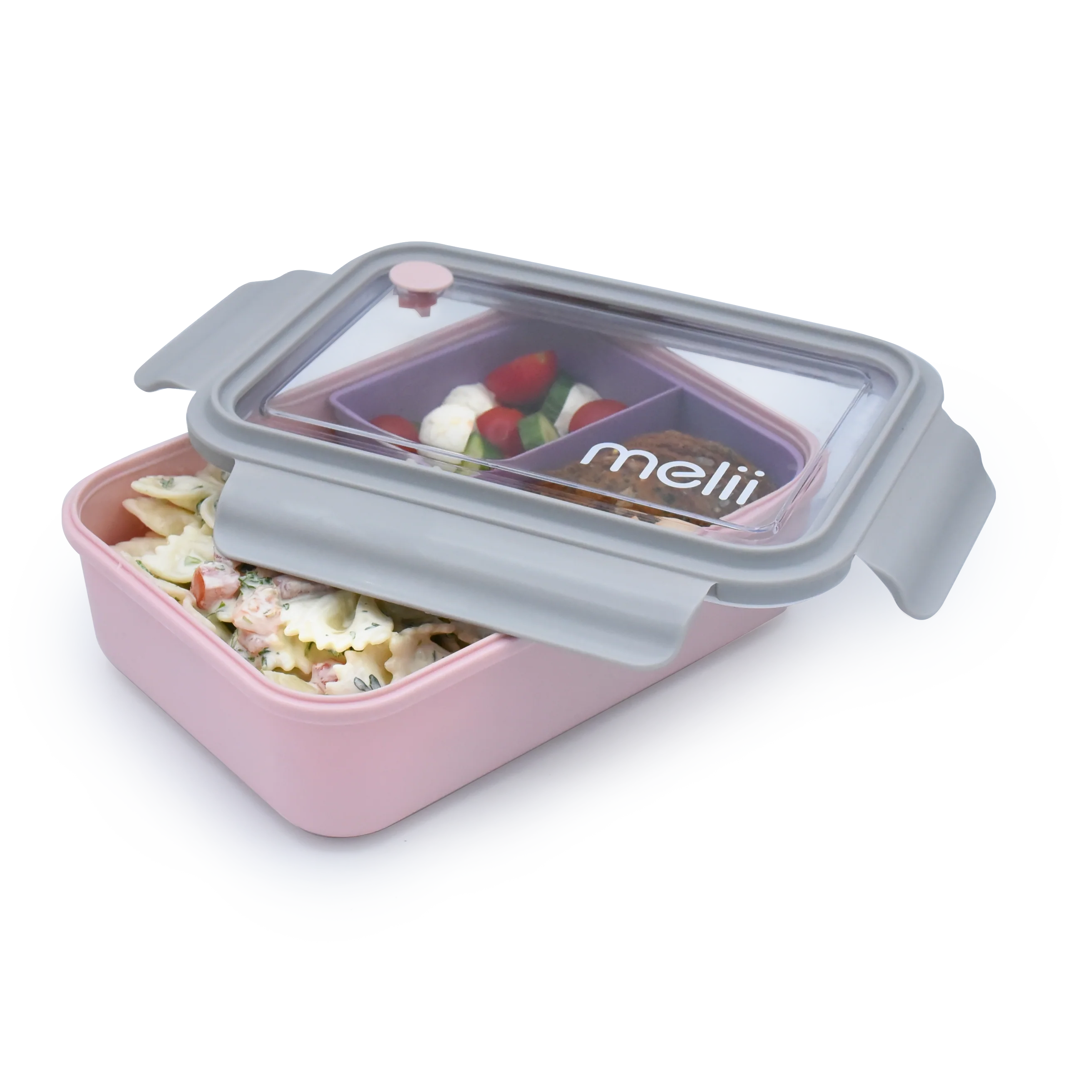 Duży lunchbox z wyjmowanymi przegródkami Melii Pink & Grey - 3 przegródki, 100% szczelności, łatwy do otwierania i bezpieczny dla zdrowia, silikon spożywczy, idealny do szkoły i pracy, kolor: różowy / szary