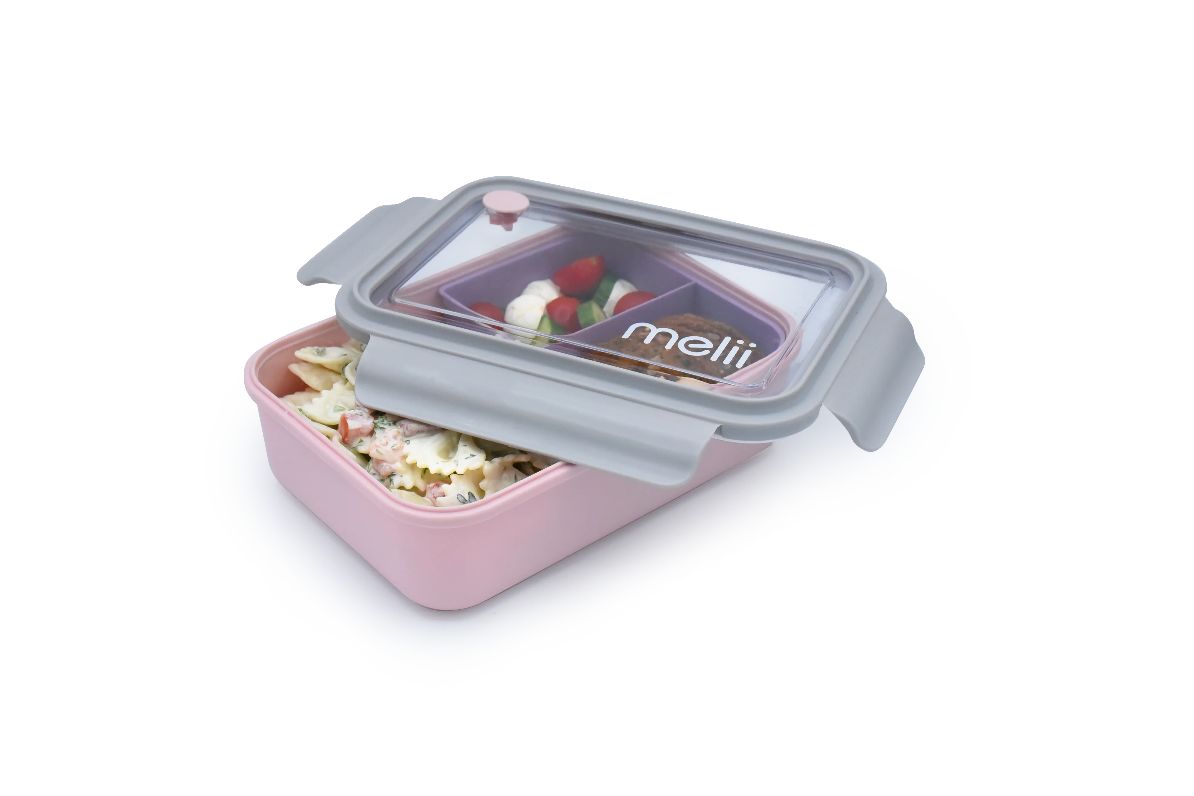 Duży lunchbox z wyjmowanymi przegródkami Melii Pink & Grey - 3 przegródki, 100% szczelności, łatwy do otwierania i bezpieczny dla zdrowia, silikon spożywczy, idealny do szkoły i pracy, kolor: różowy / szary