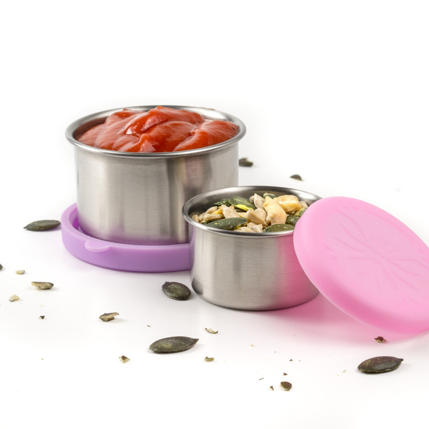 LEKKABOX® Dipper – zestaw 2 stalowych pojemników 50 ml i 100 ml na sosy, dipy i przyprawy, z szczelnymi silikonowymi pokrywkami.