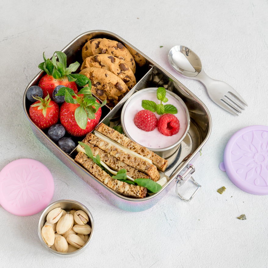 LEKKABOX® Dipper – zestaw 2 stalowych pojemników 50 ml i 100 ml na sosy, dipy i przyprawy, z szczelnymi silikonowymi pokrywkami.