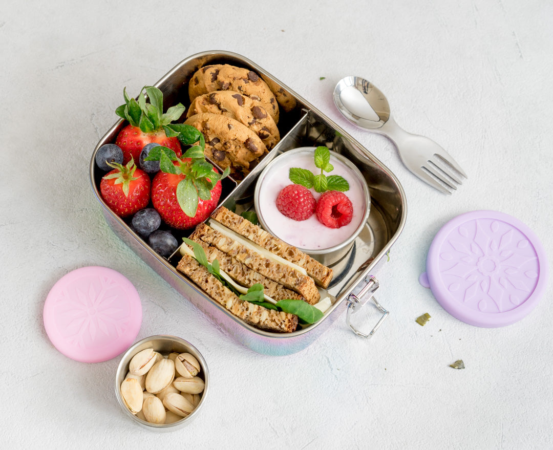 LEKKABOX® Dipper – zestaw 2 stalowych pojemników 50 ml i 100 ml na sosy, dipy i przyprawy, z szczelnymi silikonowymi pokrywkami.