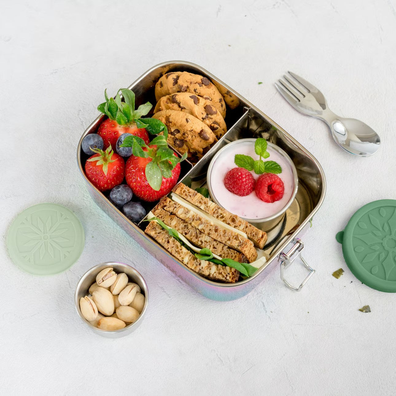 LEKKABOX® Dipper – zestaw 2 stalowych pojemników 50 ml i 100 ml na sosy, dipy i przyprawy, z szczelnymi silikonowymi pokrywkami.