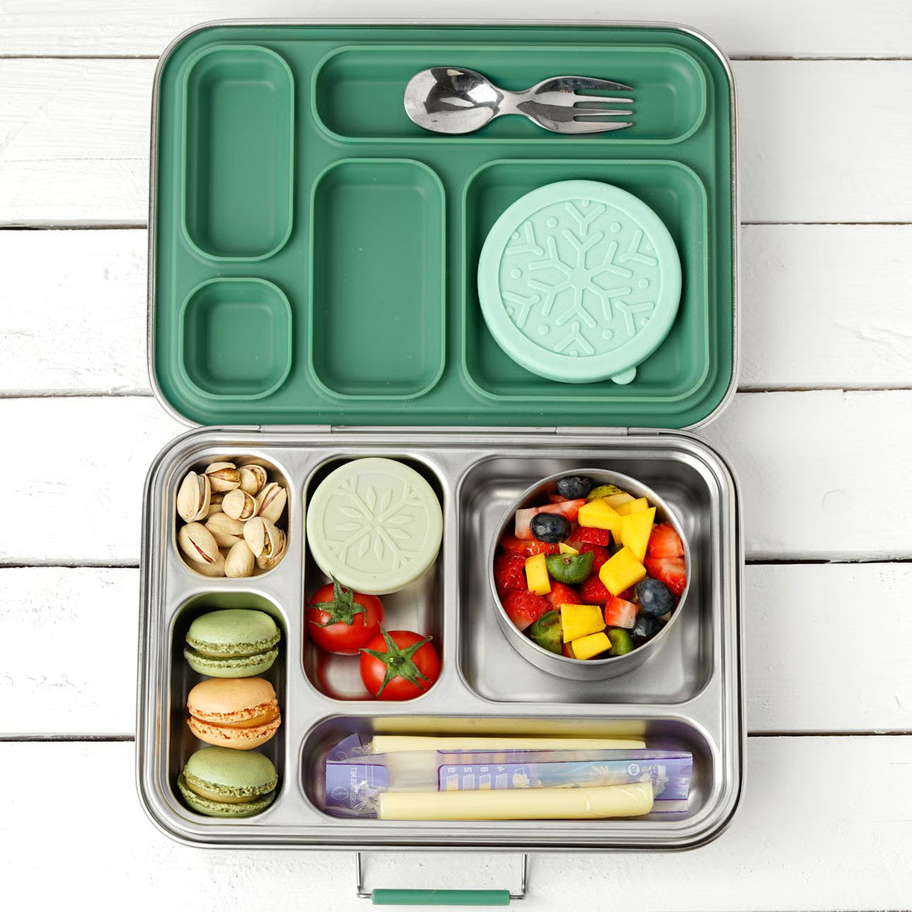 LEKKABOX® Dipper – zestaw 2 stalowych pojemników 50 ml i 100 ml na sosy, dipy i przyprawy, z szczelnymi silikonowymi pokrywkami.