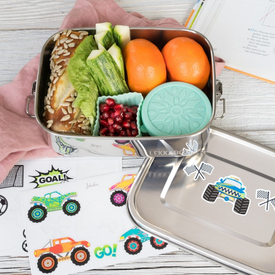 LEKKABOX® Dipper – zestaw 2 stalowych pojemników 50 ml i 100 ml na sosy, dipy i przyprawy, z szczelnymi silikonowymi pokrywkami.