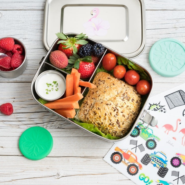 LEKKABOX® Dipper – zestaw 2 stalowych pojemników 50 ml i 100 ml na sosy, dipy i przyprawy, z szczelnymi silikonowymi pokrywkami.