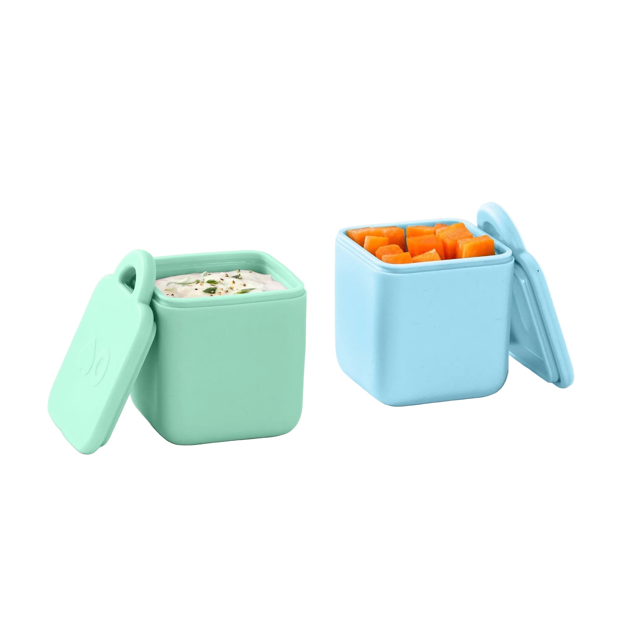 OmieDip – 2 silikonowe pojemniczki, bez BPA, 100% szczelne, pasują do OmieBox, kolor: zielono-niebieski