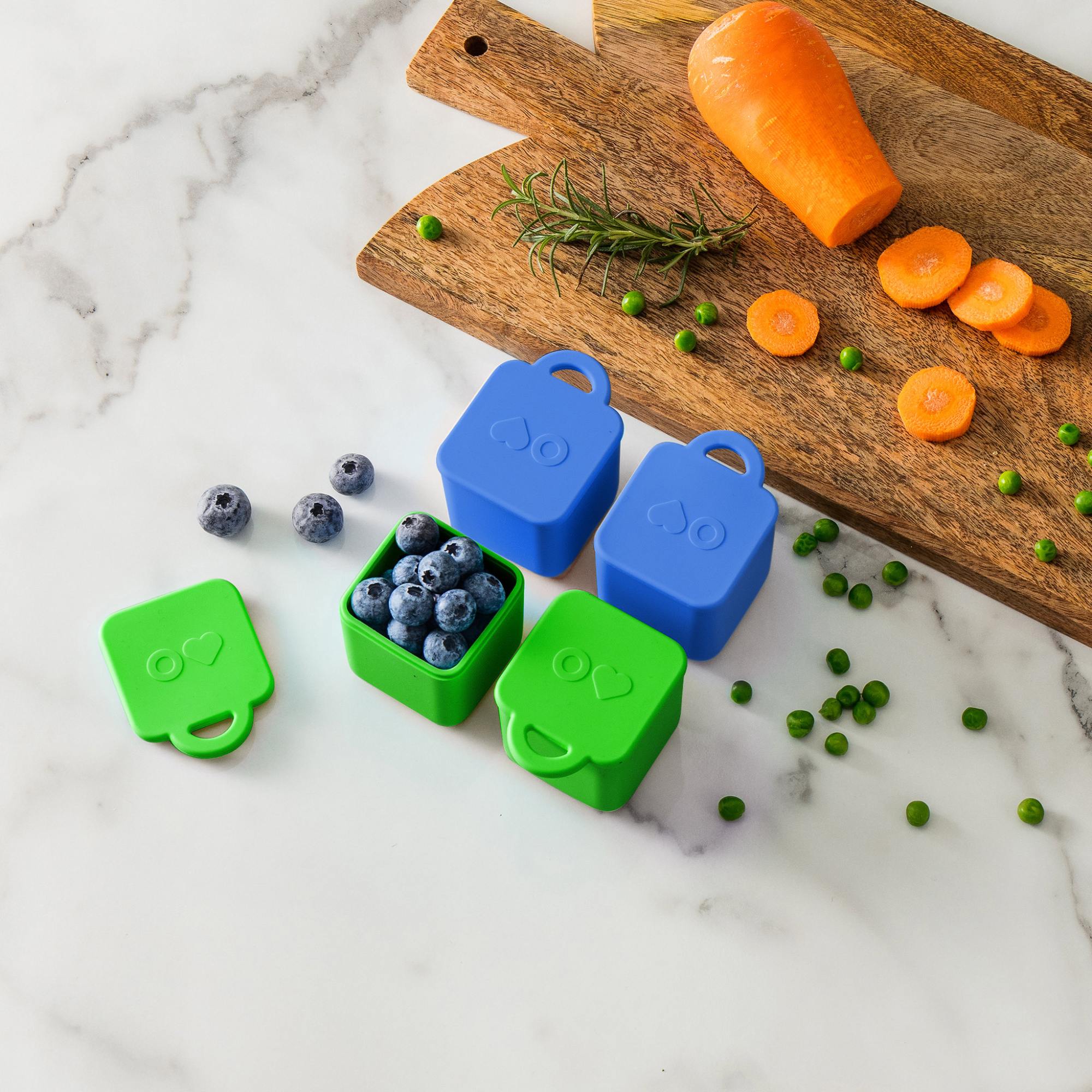 OmieDip – 2 silikonowe pojemniczki, bez BPA, 100% szczelne, pasują do OmieBox, kolor: zielono-niebieski
