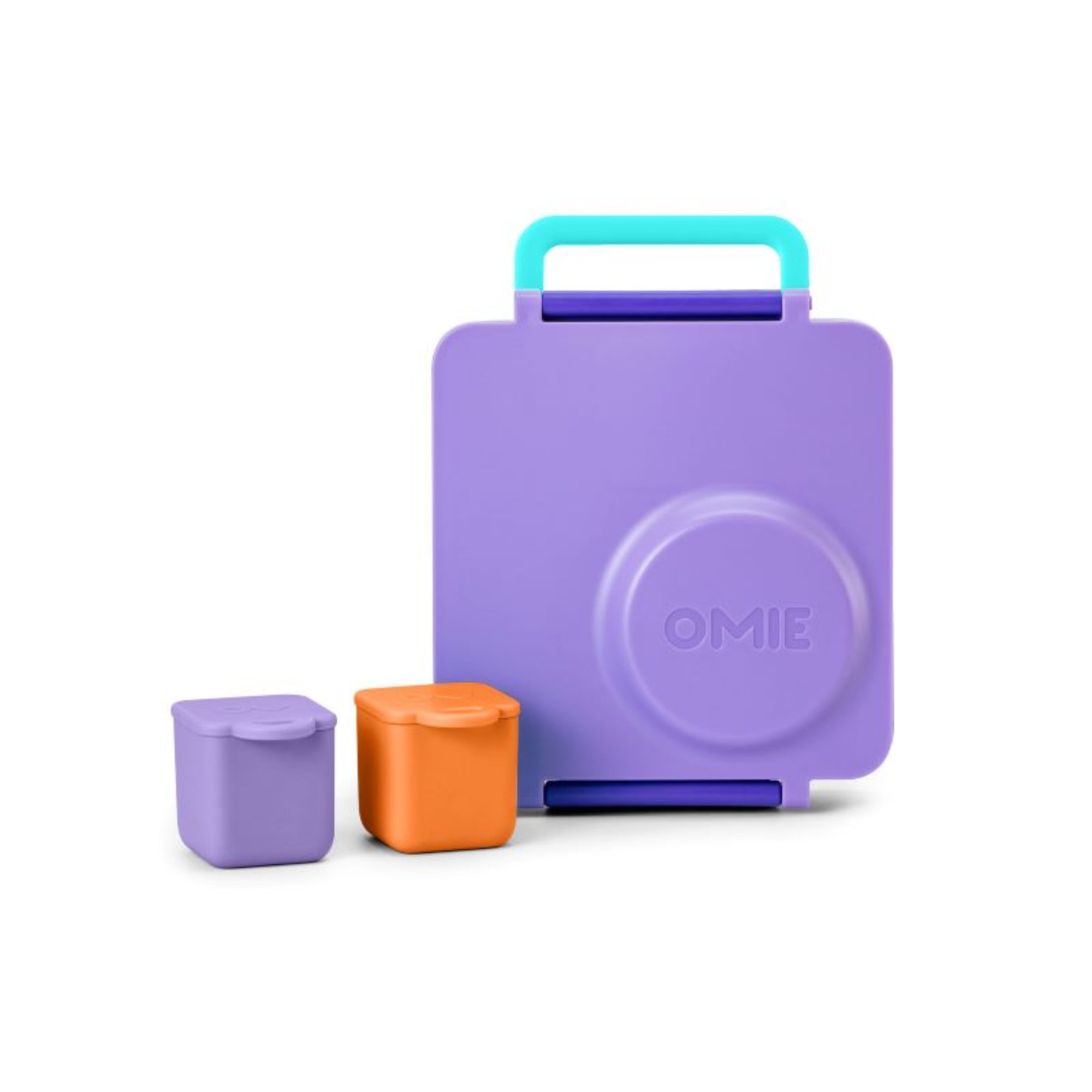 OmieDip – 2 silikonowe pojemniczki, bez BPA, 100% szczelne, pasują do OmieBox, kolor: fioletowo-pomarańczowy