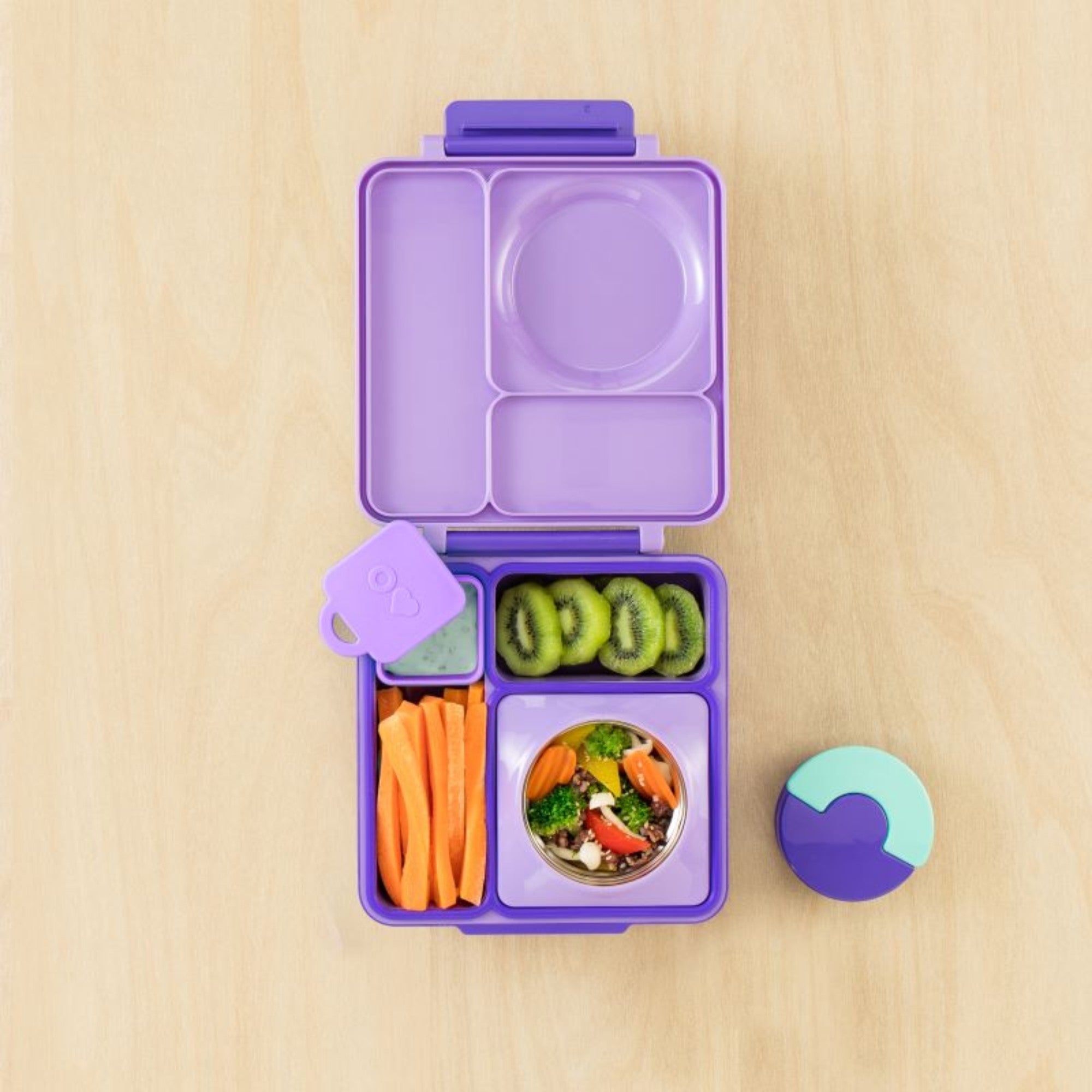 OmieDip – 2 silikonowe pojemniczki, bez BPA, 100% szczelne, pasują do OmieBox, kolor: fioletowo-pomarańczowy