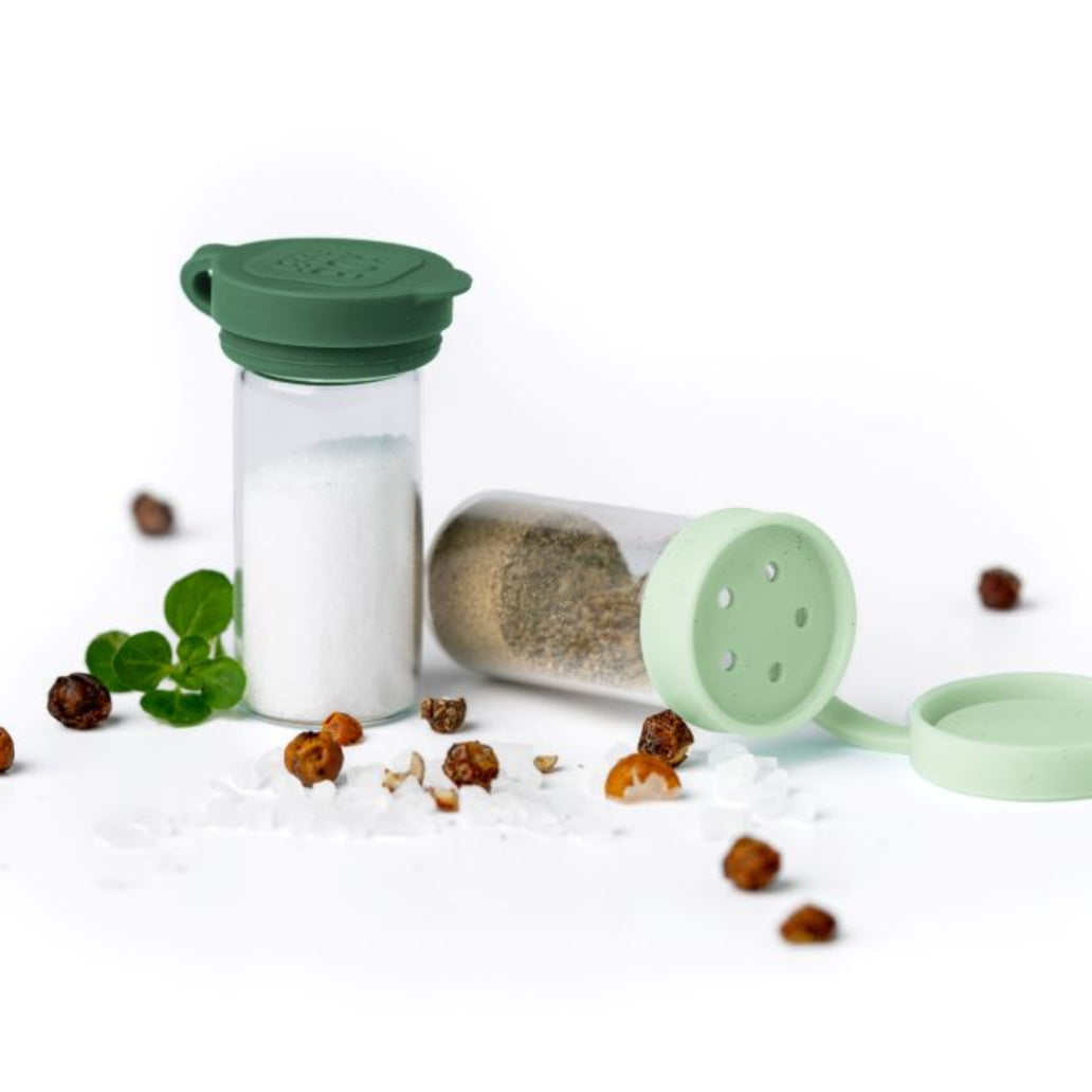 Mini pojemniczki LEKKABOX® Salty – szklane, szczelne, z zielonymi pokrywkami, idealne na przyprawy do lunchboxa, pracy i podróży