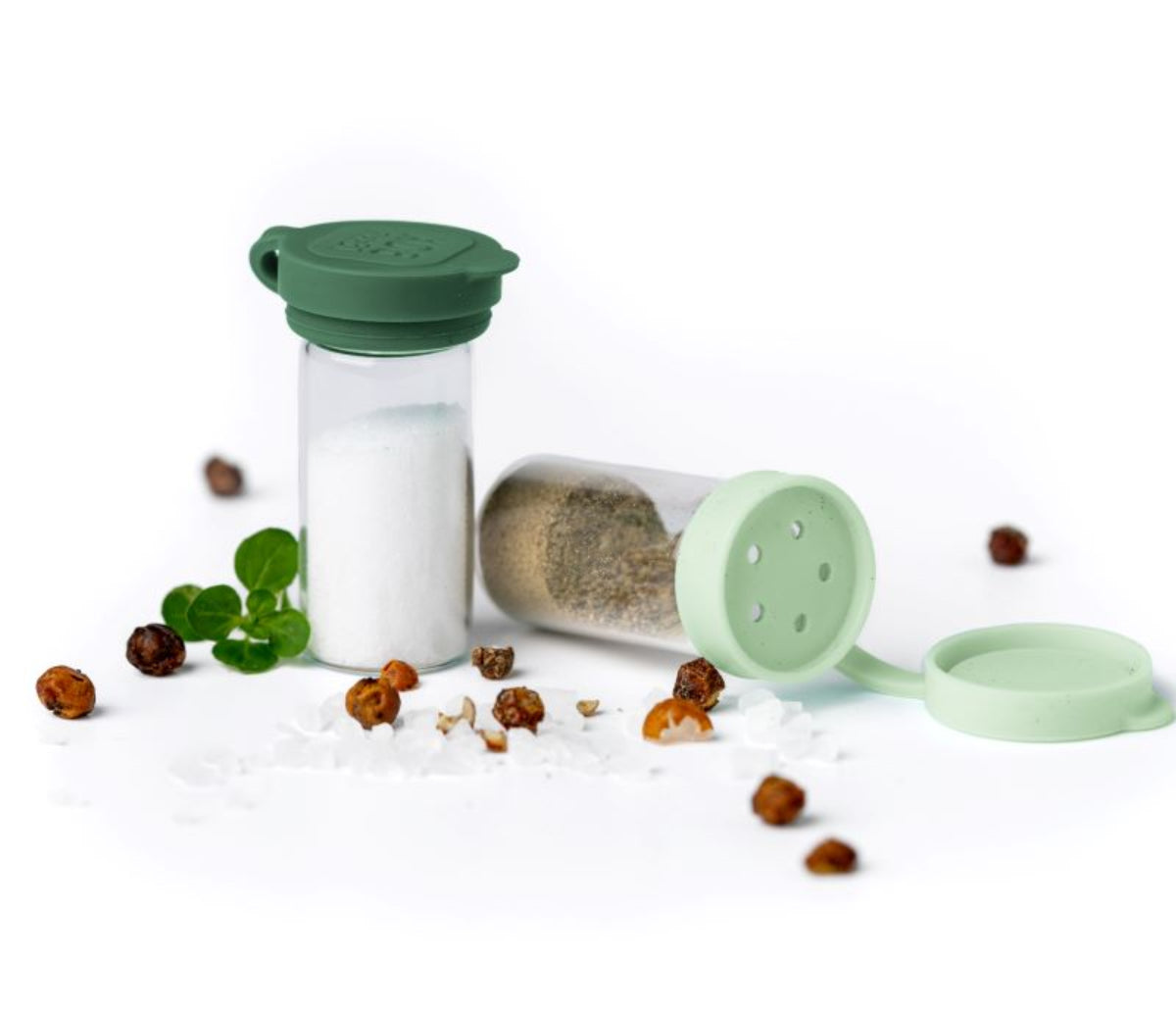 Mini pojemniczki LEKKABOX® Salty – szklane, szczelne, z zielonymi pokrywkami, idealne na przyprawy do lunchboxa, pracy i podróży