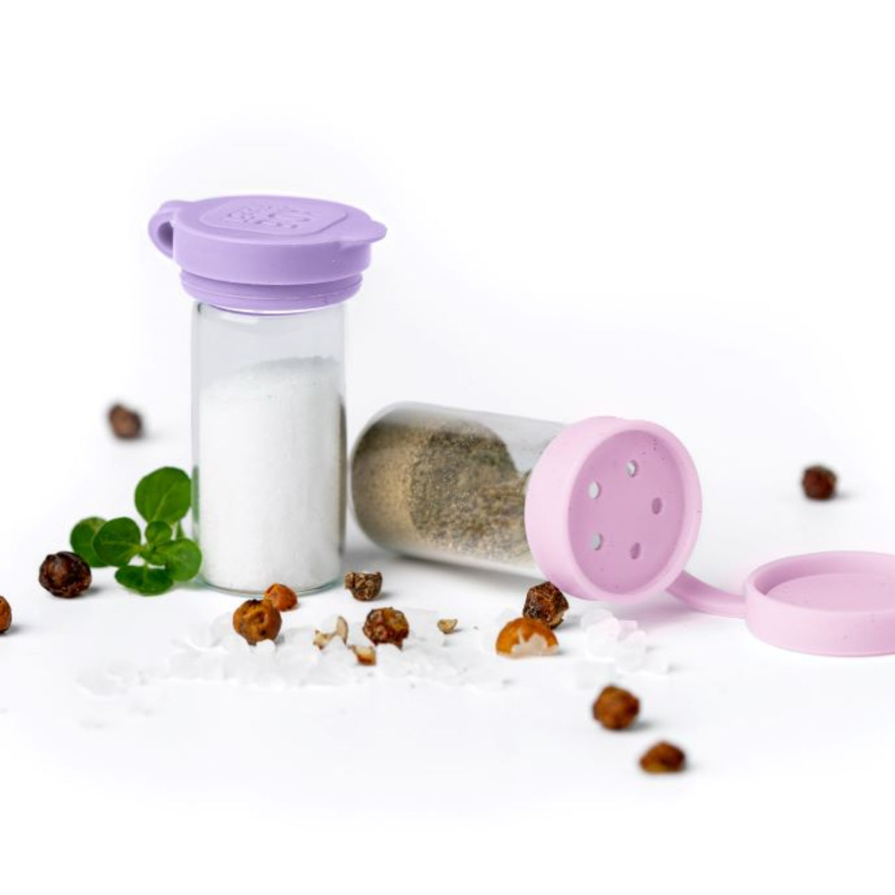 Mini pojemniczki LEKKABOX® Salty – szklane, szczelne, z fioletowymi pokrywkami, idealne na przyprawy do lunchboxa, pracy i podróży