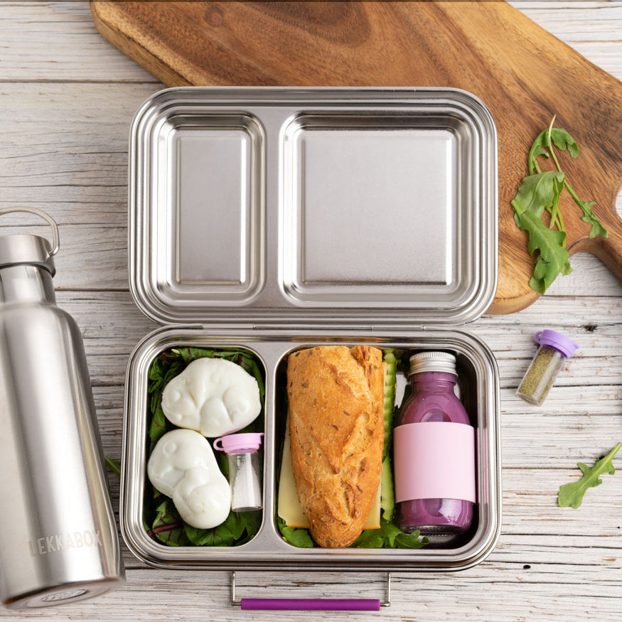 Mini pojemniczki LEKKABOX® Salty – szklane, szczelne, z fioletowymi pokrywkami, idealne na przyprawy do lunchboxa, pracy i podróży
