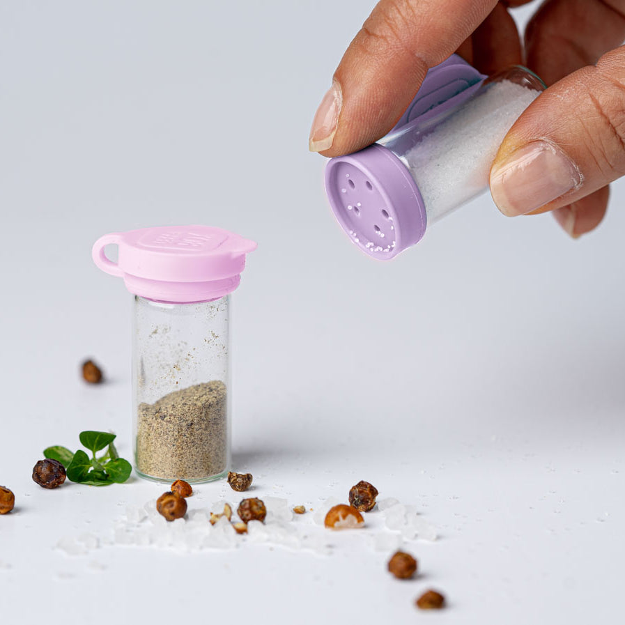 Mini pojemniczki LEKKABOX® Salty – szklane, szczelne, z fioletowymi pokrywkami, idealne na przyprawy do lunchboxa, pracy i podróży
