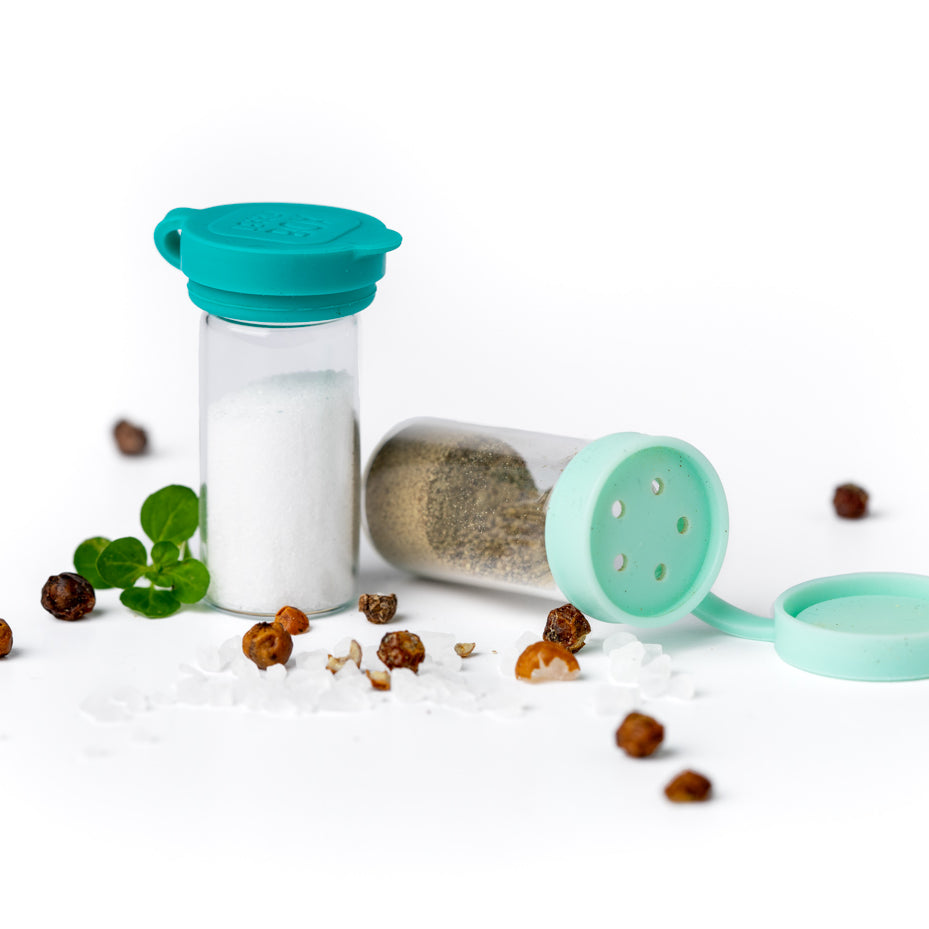 Mini pojemniczki LEKKABOX® Salty – szklane, szczelne, z turkusowymi pokrywkami, idealne na przyprawy do lunchboxa, pracy i podróży