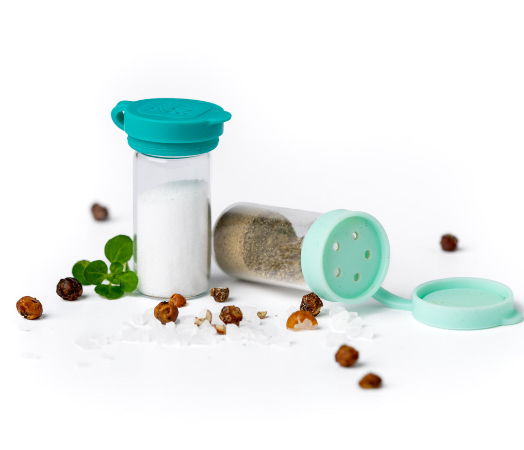 Mini pojemniczki LEKKABOX® Salty – szklane, szczelne, z turkusowymi pokrywkami, idealne na przyprawy do lunchboxa, pracy i podróży
