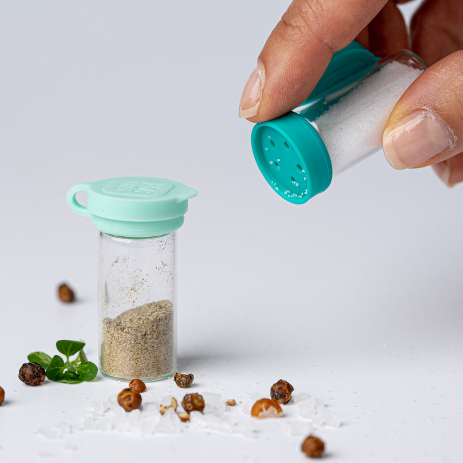 Mini pojemniczki LEKKABOX® Salty – szklane, szczelne, z turkusowymi pokrywkami, idealne na przyprawy do lunchboxa, pracy i podróży