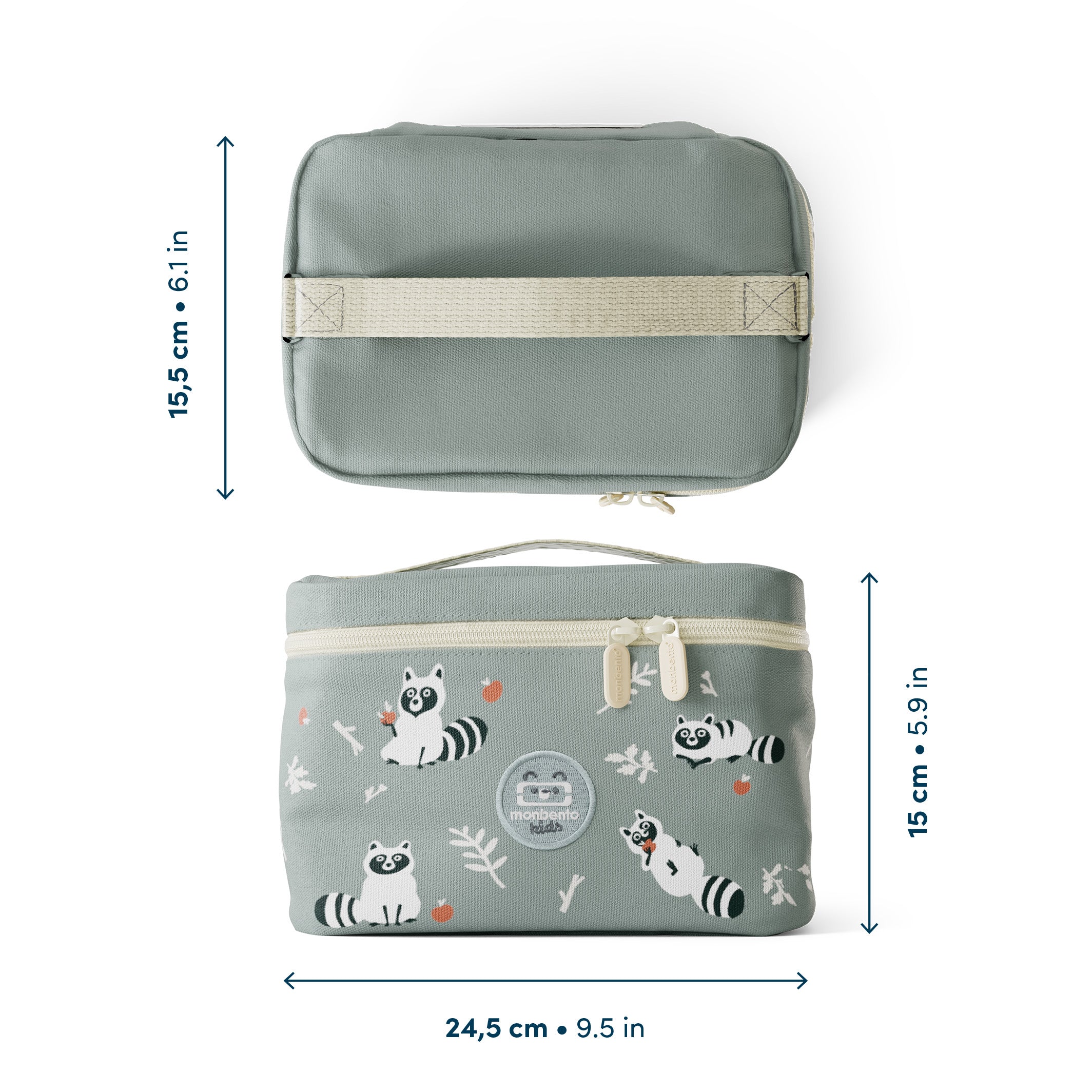 Torba termiczna Monbento Frosty Racoon  – 5L pojemności, izolacja, łatwe otwieranie, z kieszonką. Na lunch, bidon i przekąski, wzór: szopy