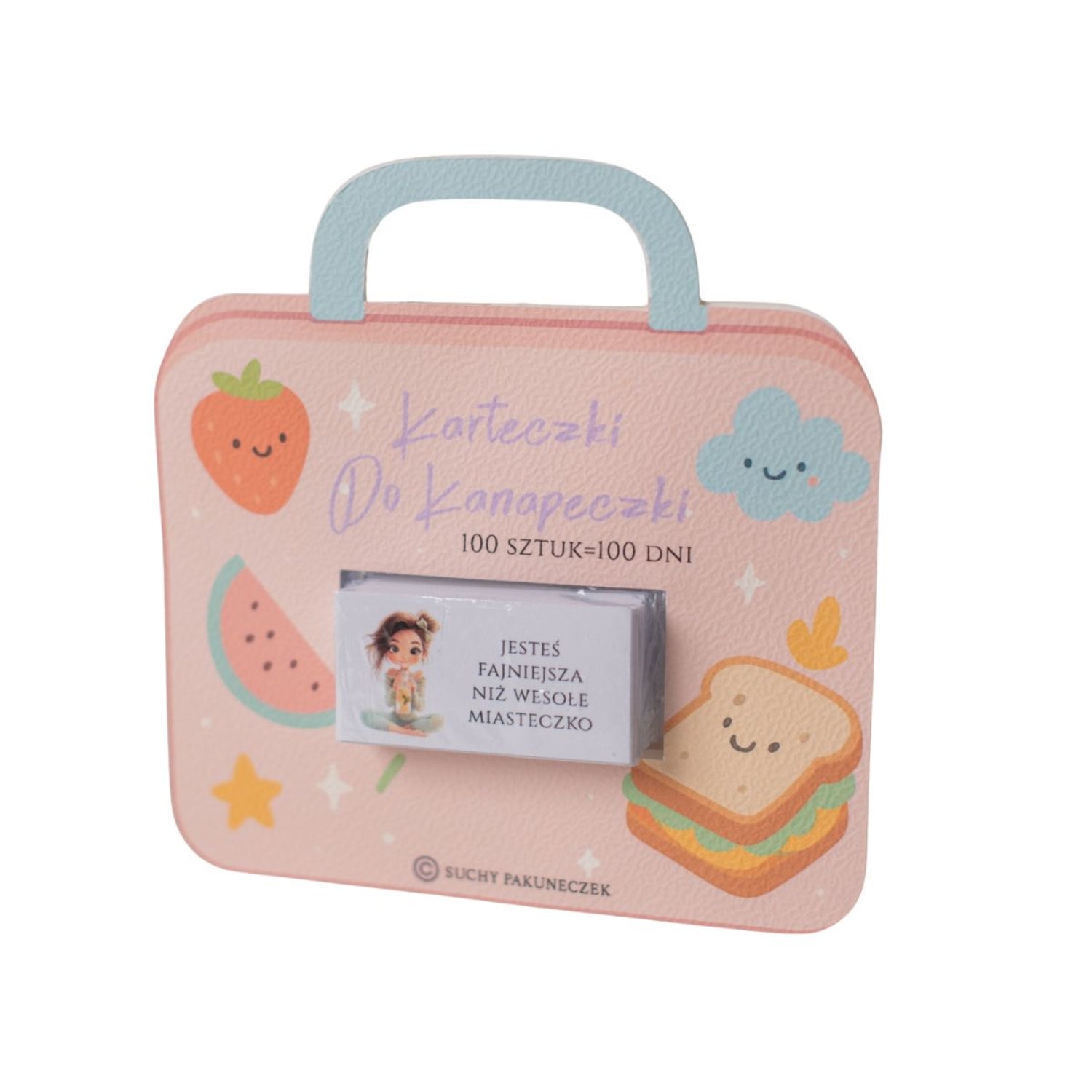 Karteczki do śniadaniówki dla dziewczynki Suchy Pakuneczek – zestaw 100 sztuk. Papier 200 g, pastelowe kolory, ręczne wykonanie, wymiary dopasowane do lunchboxa, motywacyjne i edukacyjne wiadomości codzienne, odporne na zgniecenia