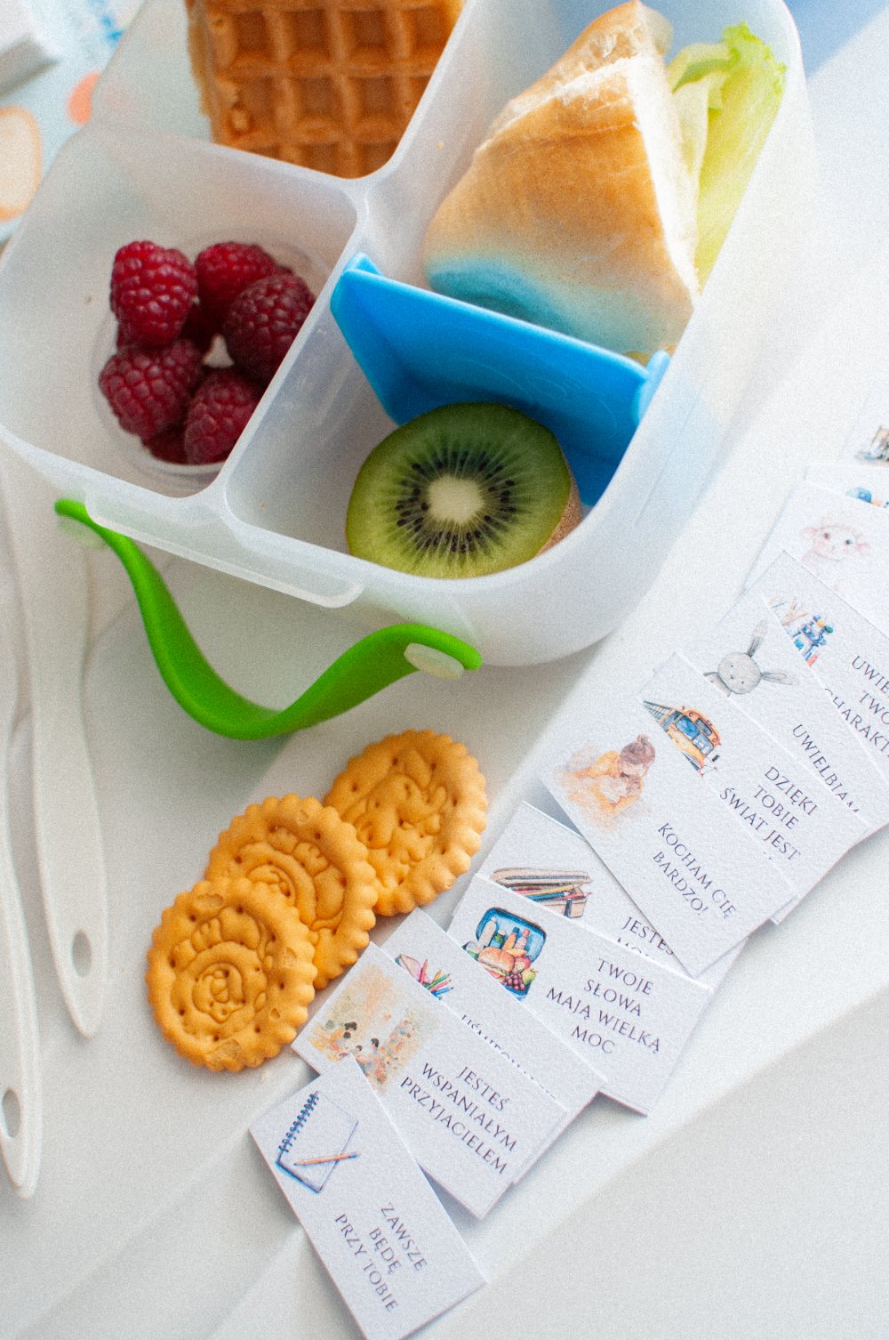 Karteczki do śniadaniówki dla dziewczynki Suchy Pakuneczek – zestaw 100 sztuk. Papier 200 g, pastelowe kolory, ręczne wykonanie, wymiary dopasowane do lunchboxa, motywacyjne i edukacyjne wiadomości codzienne, odporne na zgniecenia