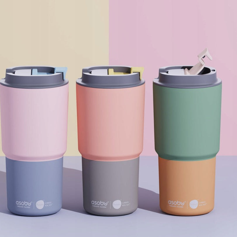 Kubek termiczny Asobu Pick Me Up Pastel Blue - 650 ml, pokrywka z ustnikiem, silikonowa podstawa, stal nierdzewna, 100% szczelności, kolor: niebieski
