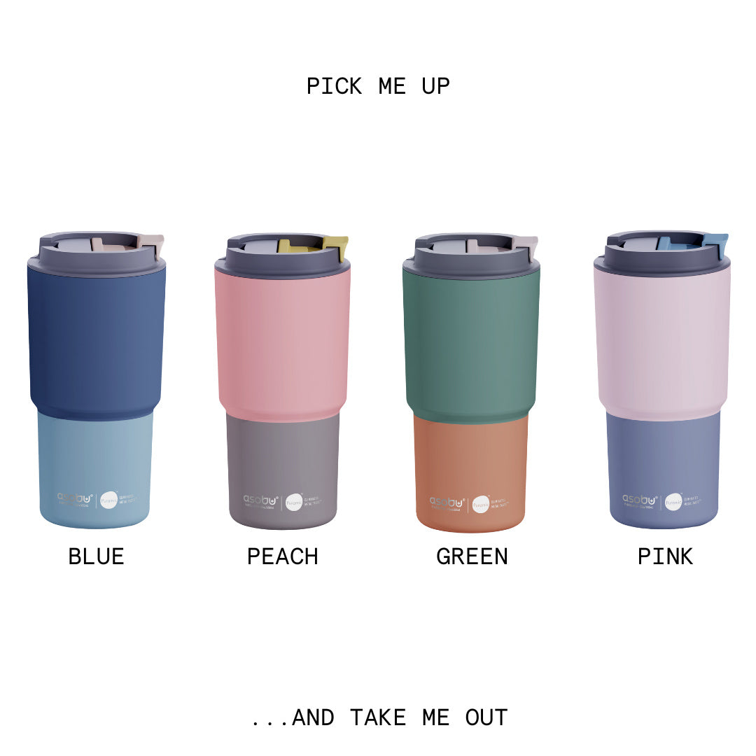 Kubek termiczny Asobu Pick Me Up Pastel - 650 ml, pokrywka z ustnikiem, silikonowa podstawa, stal nierdzewna, 100% szczelności