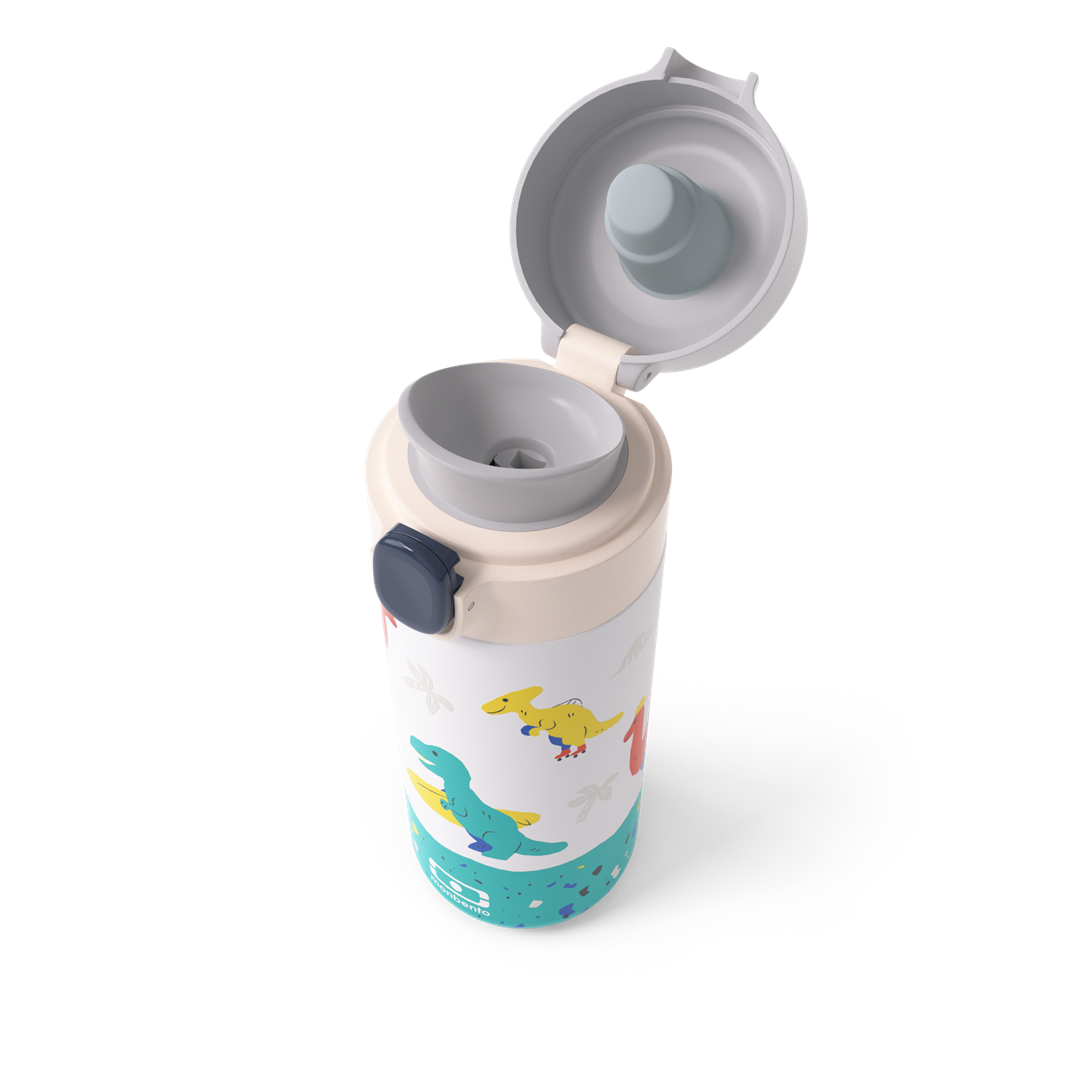 Kubek termiczny dla dzieci Monbento Pop Dino – kompaktowy, poręczny i bezpieczny. Z izolacją próżniową, szczelny i wygodny do szkoły i na wycieczki, wzór: dinozaury