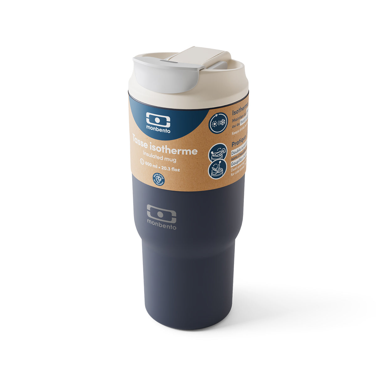 Kubek termiczny Monbento Travel Mug Infinity - 600 ml, z ustnikiem i słomką, utrzymuje ciepło do 5h i chłód do 12h, wytrzymały i lekki, kolor: granatowy