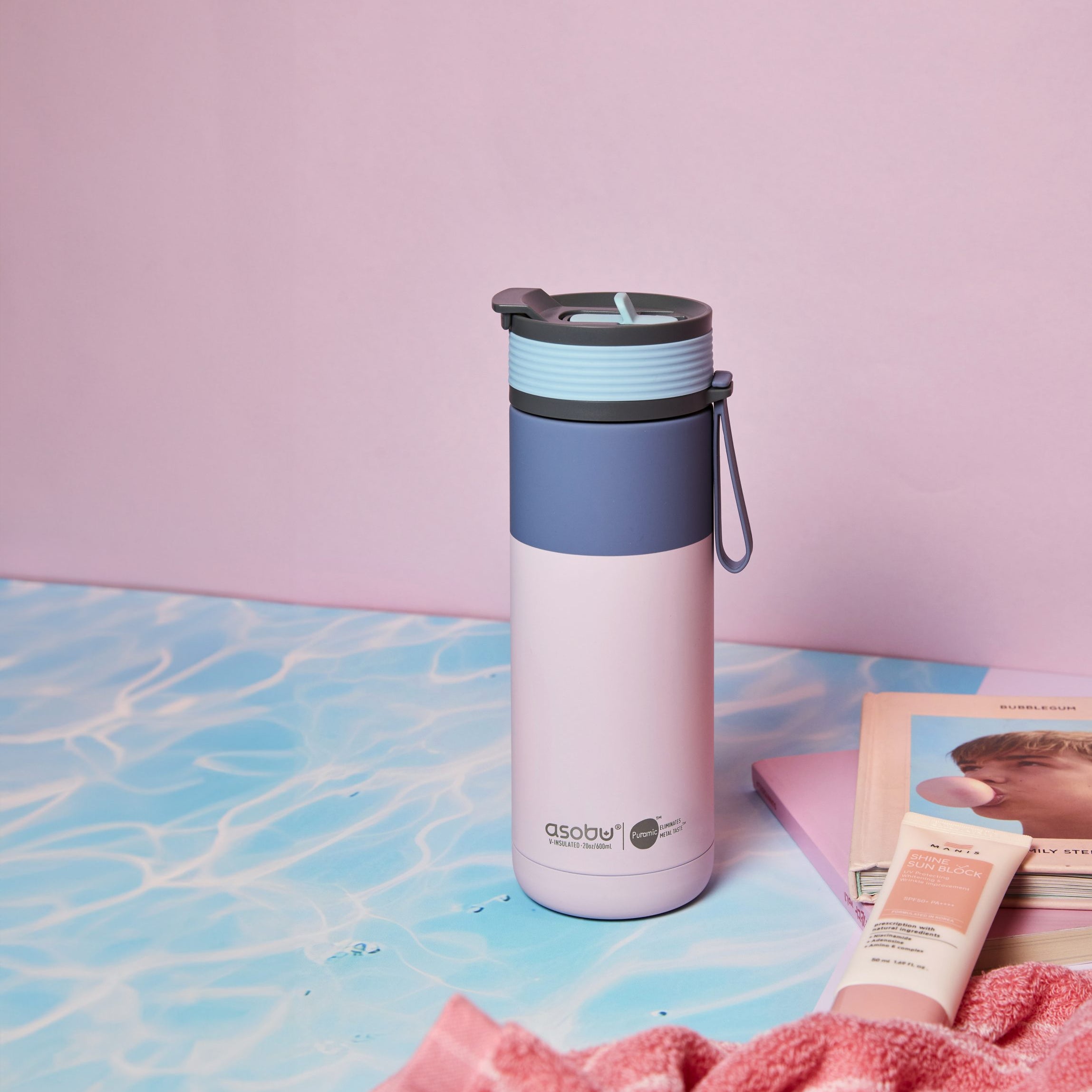 Kubek termiczny Asobu Aspen Pastel Pink - ze słomką i ustnikiem, stal nierdzewna, 100% szczelny, dopasowany do uchwytów samochodowych, kolor: różowy