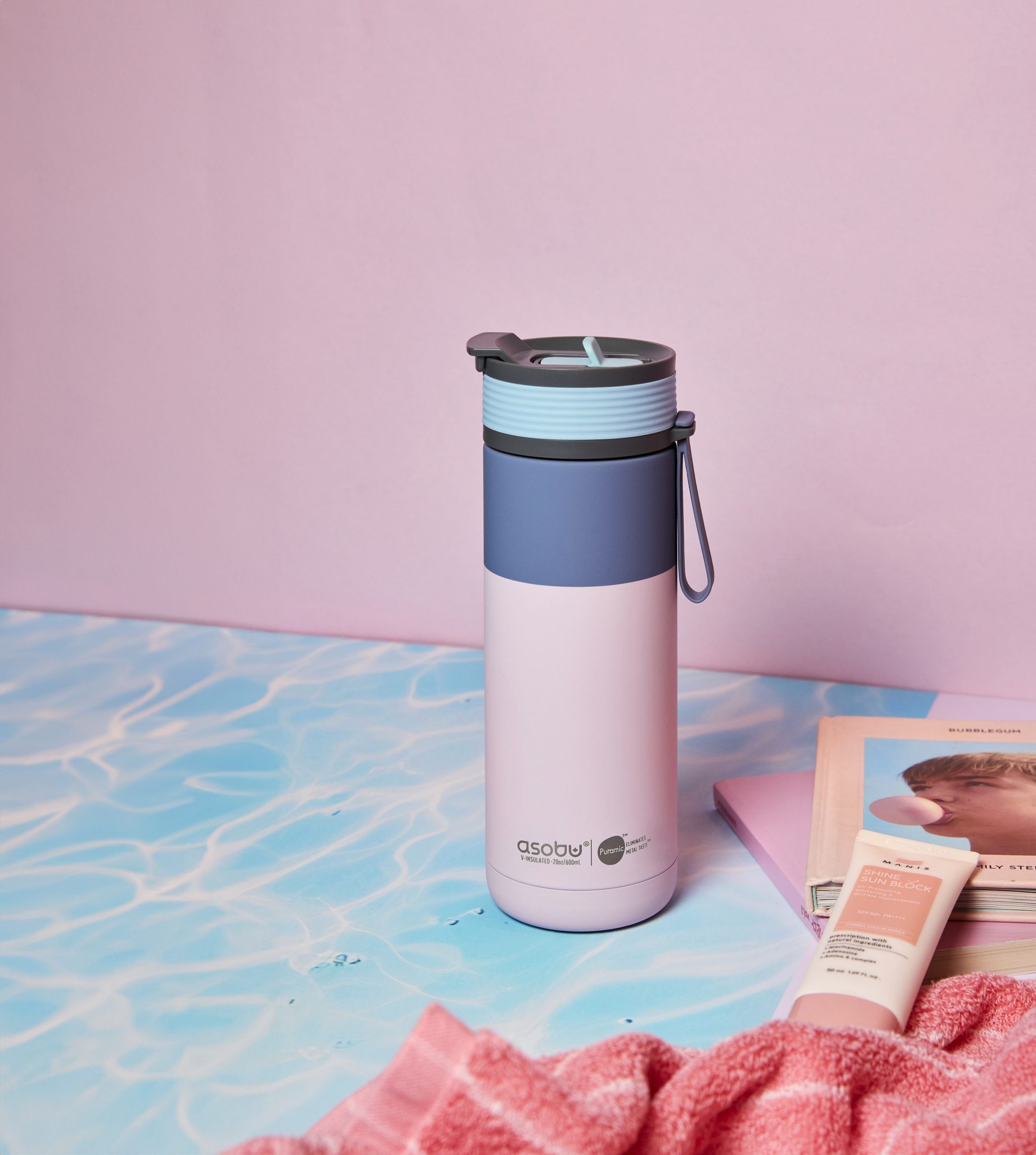 Kubek termiczny Asobu Aspen Pastel Pink - ze słomką i ustnikiem, stal nierdzewna, 100% szczelny, dopasowany do uchwytów samochodowych, kolor: różowy