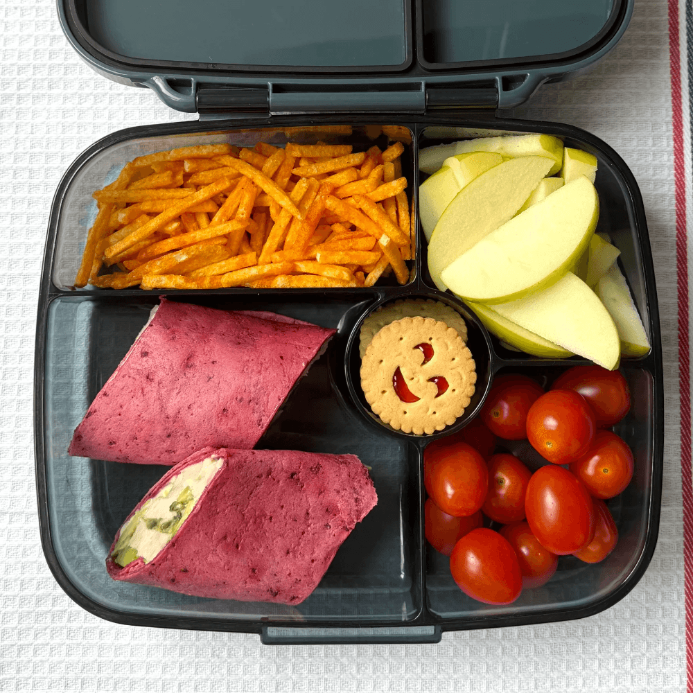 Szczelny szary Yumbox Go z silikonową uszczelką zapobiegającą wyciekaniu