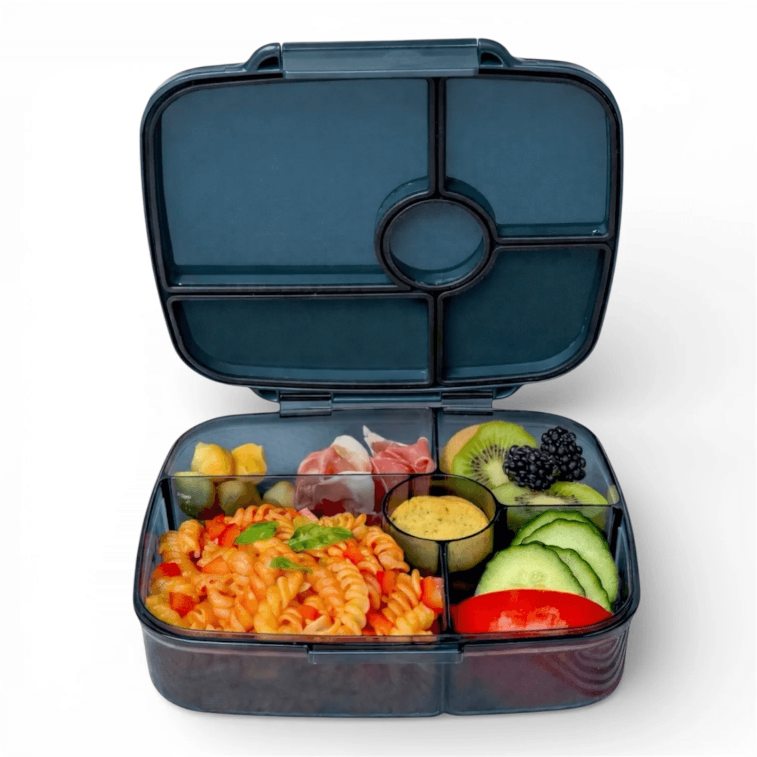 Ciemny pojemnik bento Yumbox Go z podziałem na porcje zapobiegający mieszaniu składników