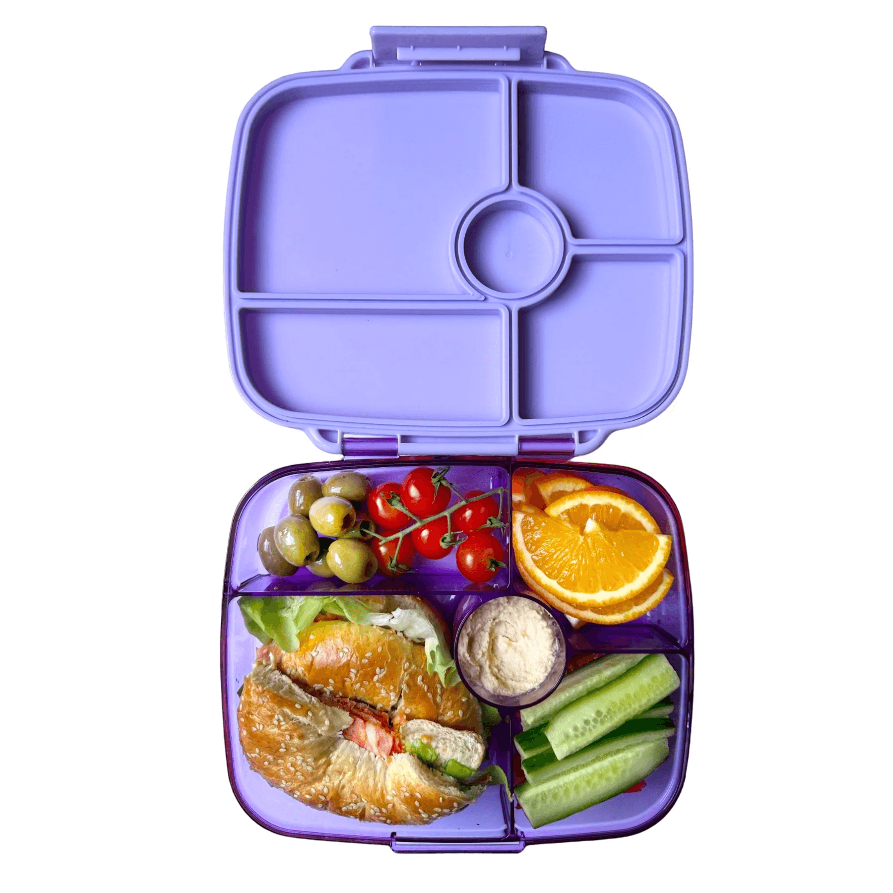 Lunchbox z 4 przegródkami na owoce, dipy i kanapki Yumbox Go w lawendowym kolorze