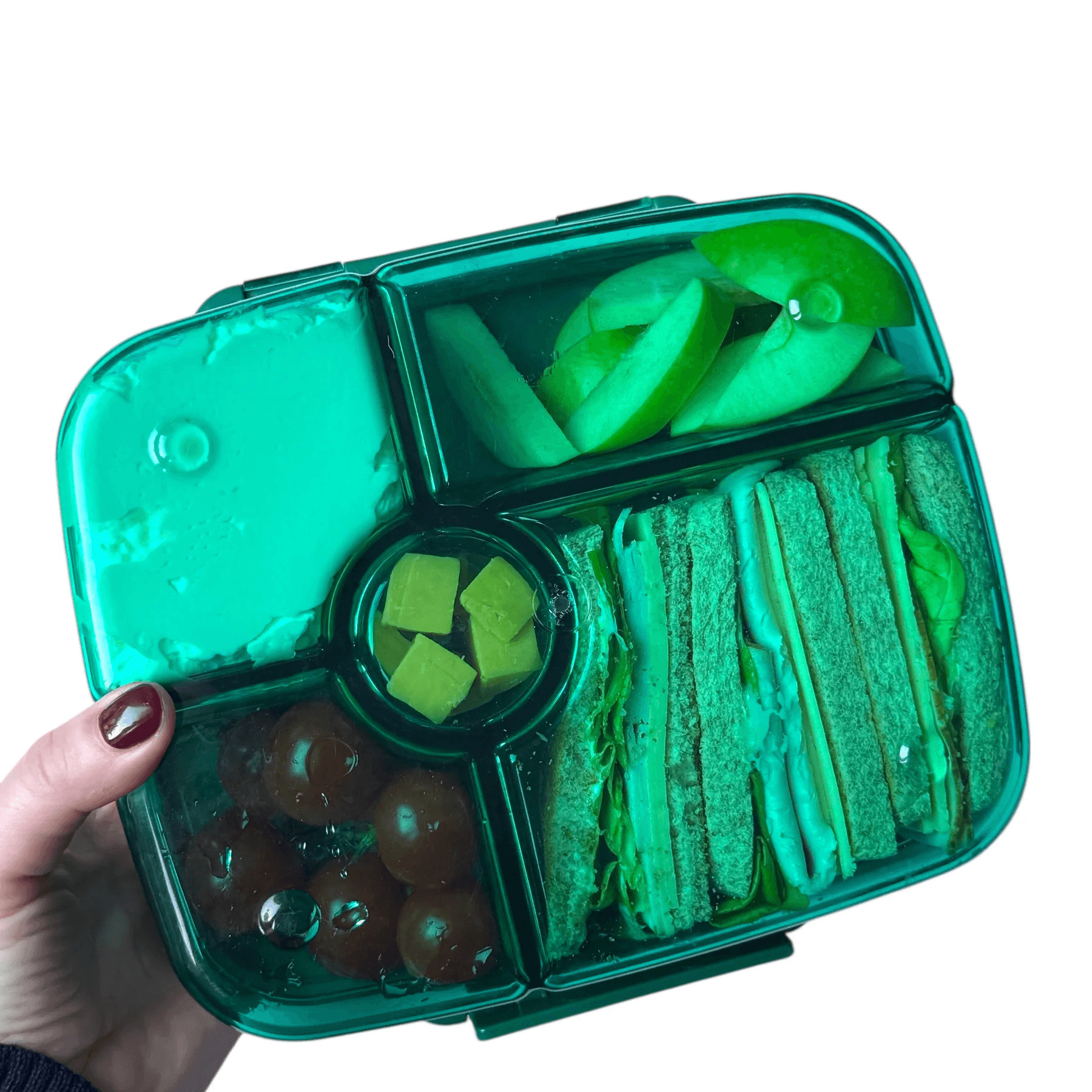 Pojemnik z przegródkami na owoce, orzechy i kanapki Yumbox Go w kolorze zielonym