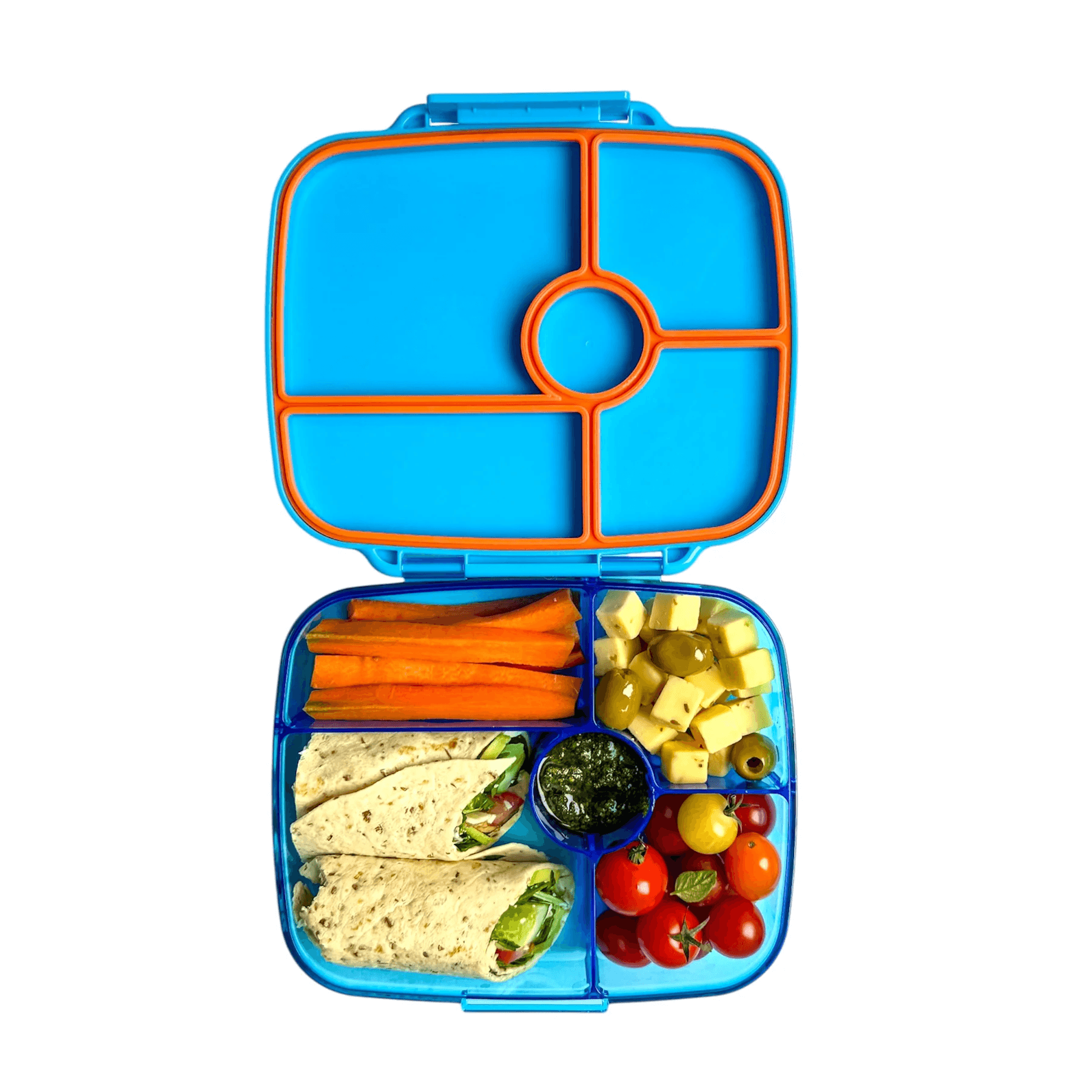 Błękitny lunchbox z 4 przegródkami na owoce, jogurt i przekąski Yumbox Go