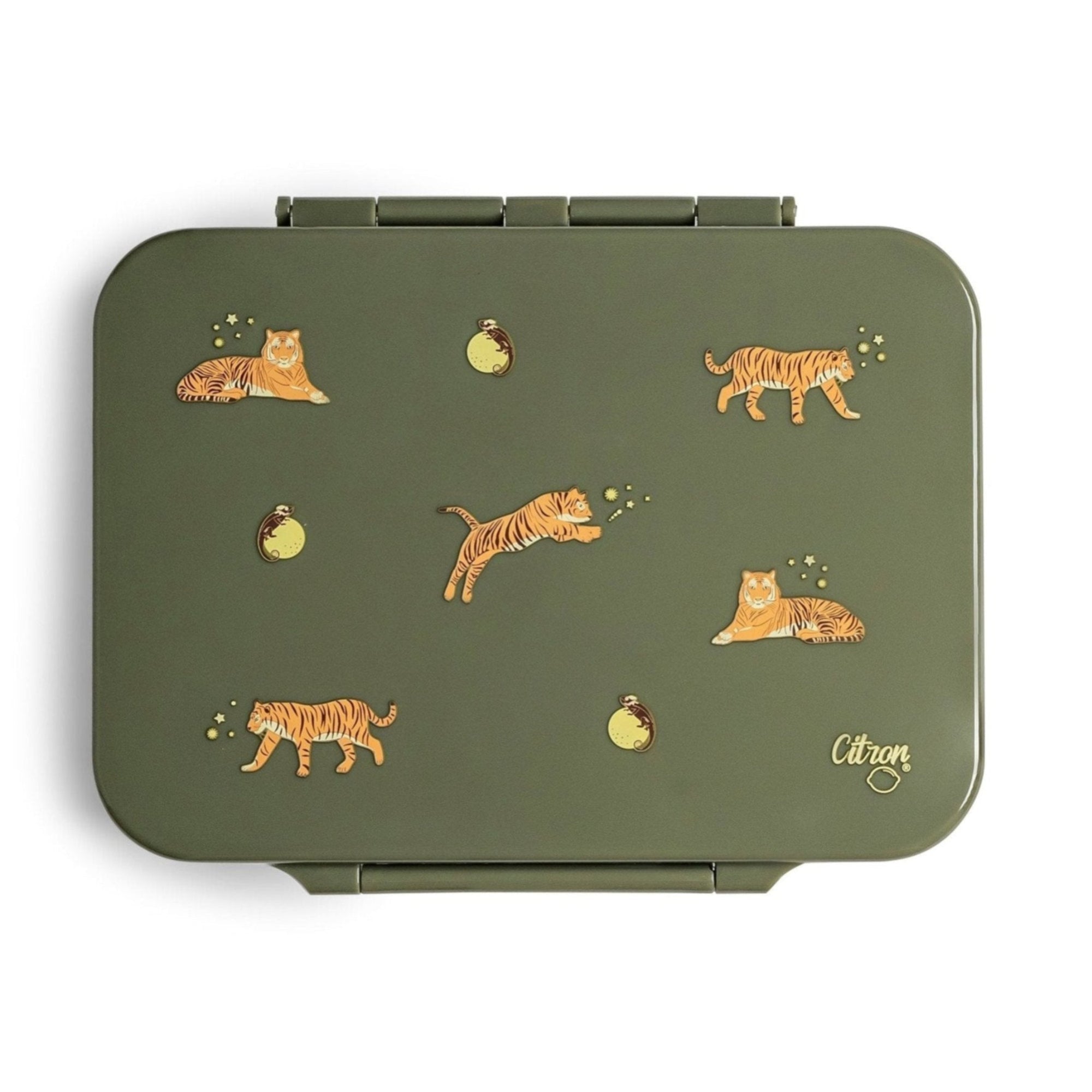 Lunchbox tritanowy Citron Tiger 4-komorowy, 700 ml – szczelny, lekki, bez BPA, zielony, z pojemnikiem na sos