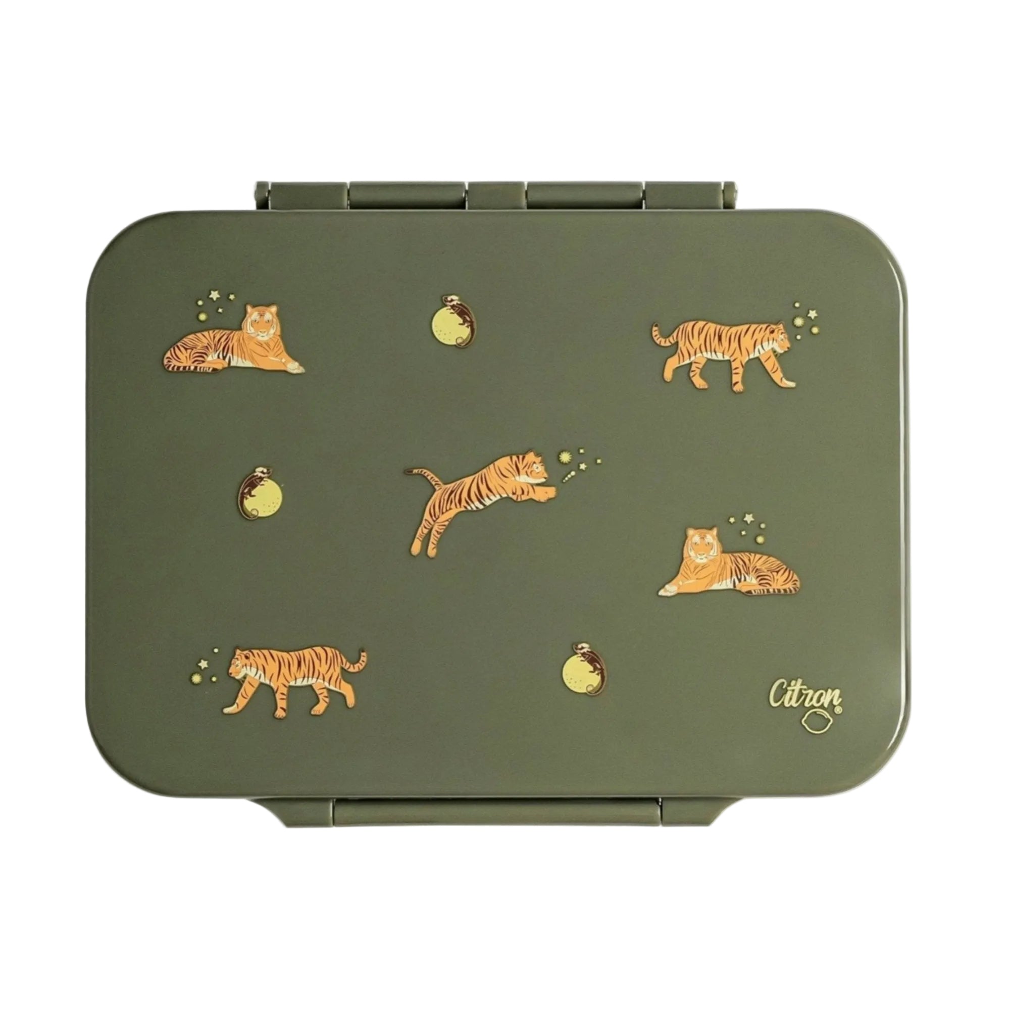 Lunchbox tritanowy Citron Tiger 4-komorowy, 700 ml – szczelny, lekki, bez BPA, zielony, z pojemnikiem na sos