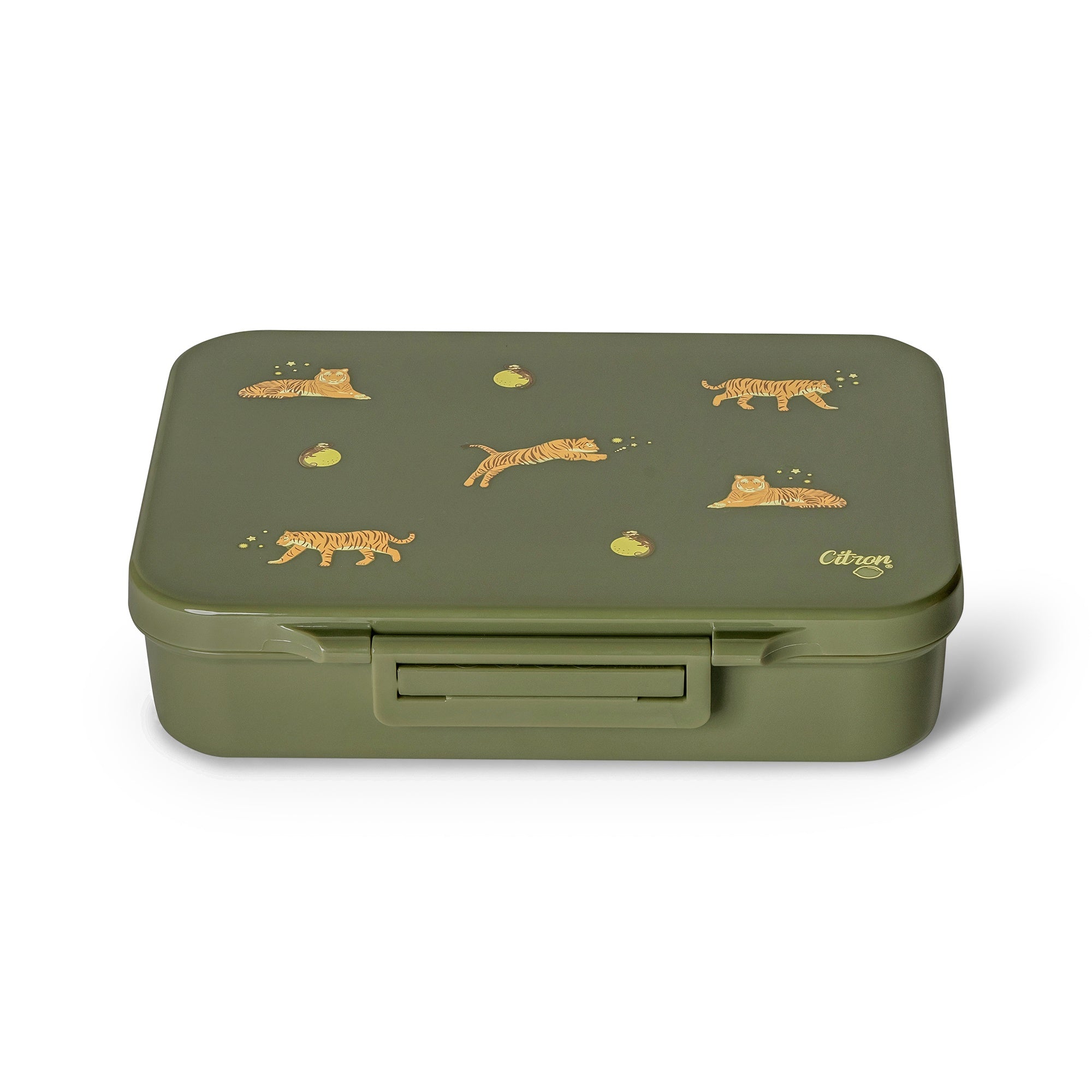 Lunchbox tritanowy Citron Tiger 4-komorowy, 700 ml – szczelny, lekki, bez BPA, zielony, z pojemnikiem na sos