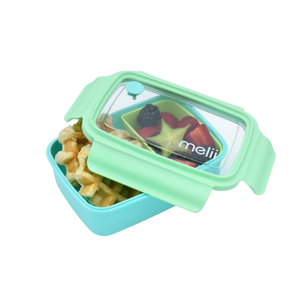 Lunchbox z wyjmowanymi przegródkami dla dzieci Melii - trzy przegródki, 100% szczelny, łatwy do otwierania i bezpieczny dla zdrowia, silikon spożywczy, idealny do szkoły, kolor: niebieski