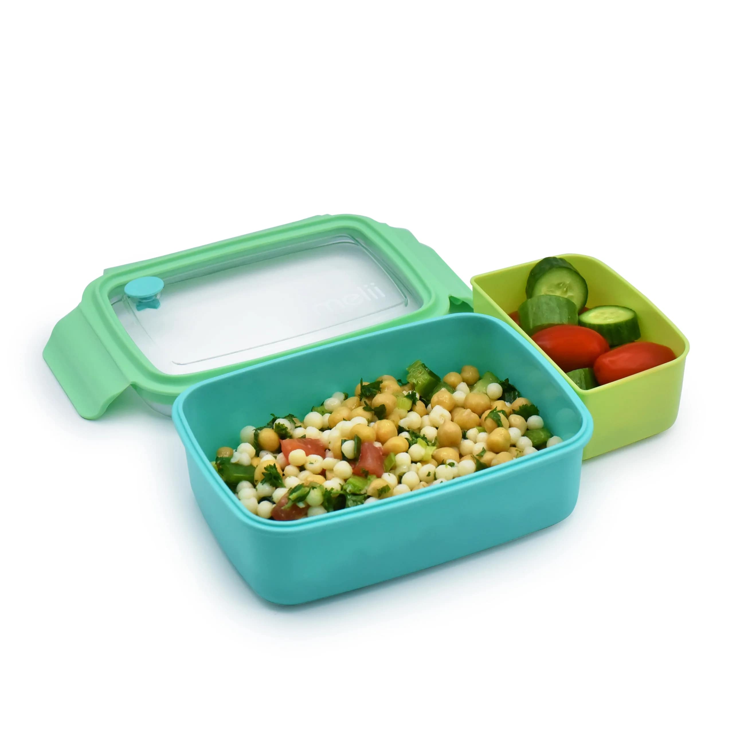 Lunchbox z wyjmowanymi przegródkami dla dzieci Melii - trzy przegródki, 100% szczelny, łatwy do otwierania i bezpieczny dla zdrowia, silikon spożywczy, idealny do szkoły, kolor: niebieski