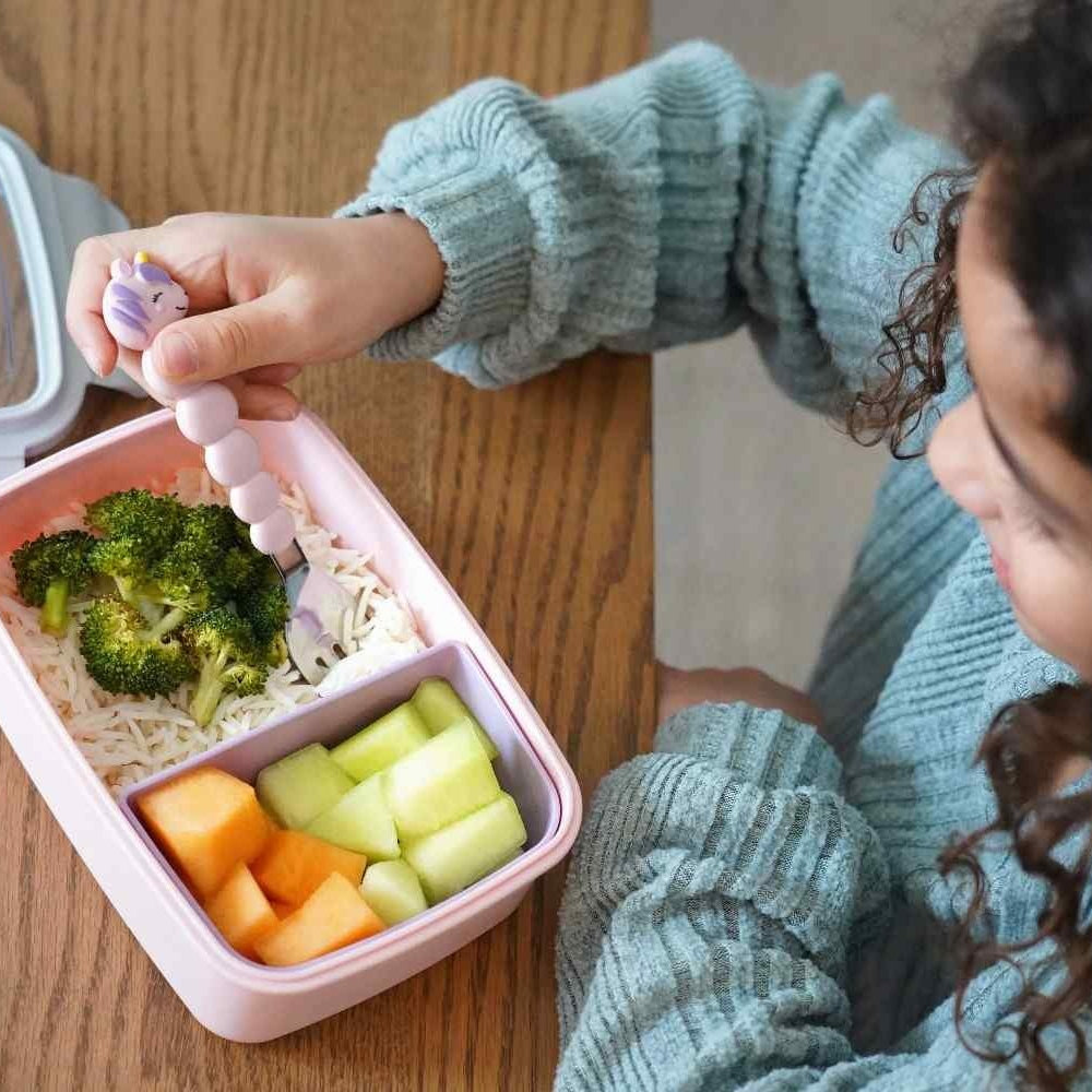 Lunchbox z wyjmowanymi przegródkami dla dzieci Melii - trzy przegródki, 100% szczelny, łatwy do otwierania i bezpieczny dla zdrowia, silikon spożywczy, idealny do szkoły, kolor: różowy