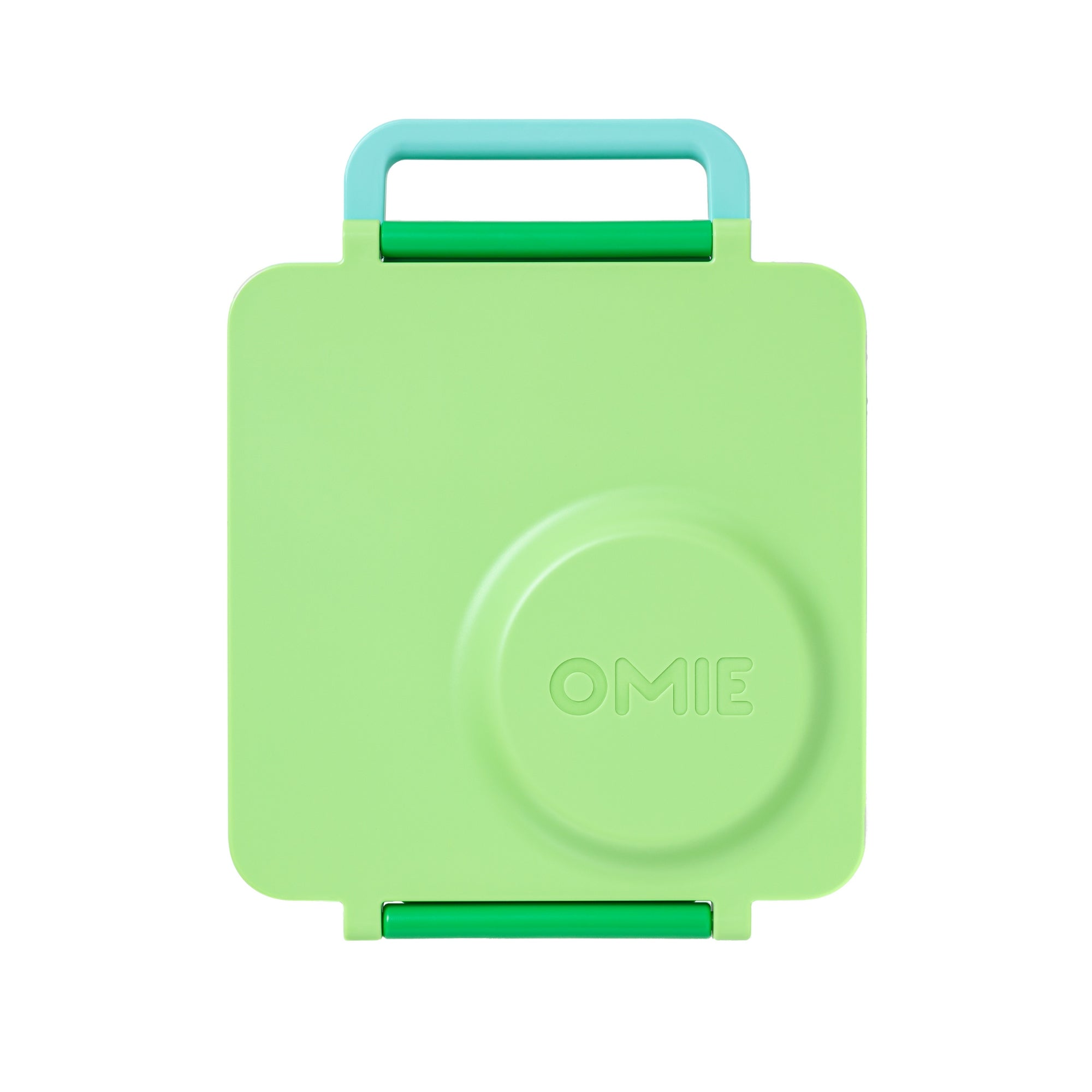 OmieBox Apple Green – pastelowo zielony lunchbox z termosem, przegródkami i uchwytem, idealny do szkoły i przedszkola.