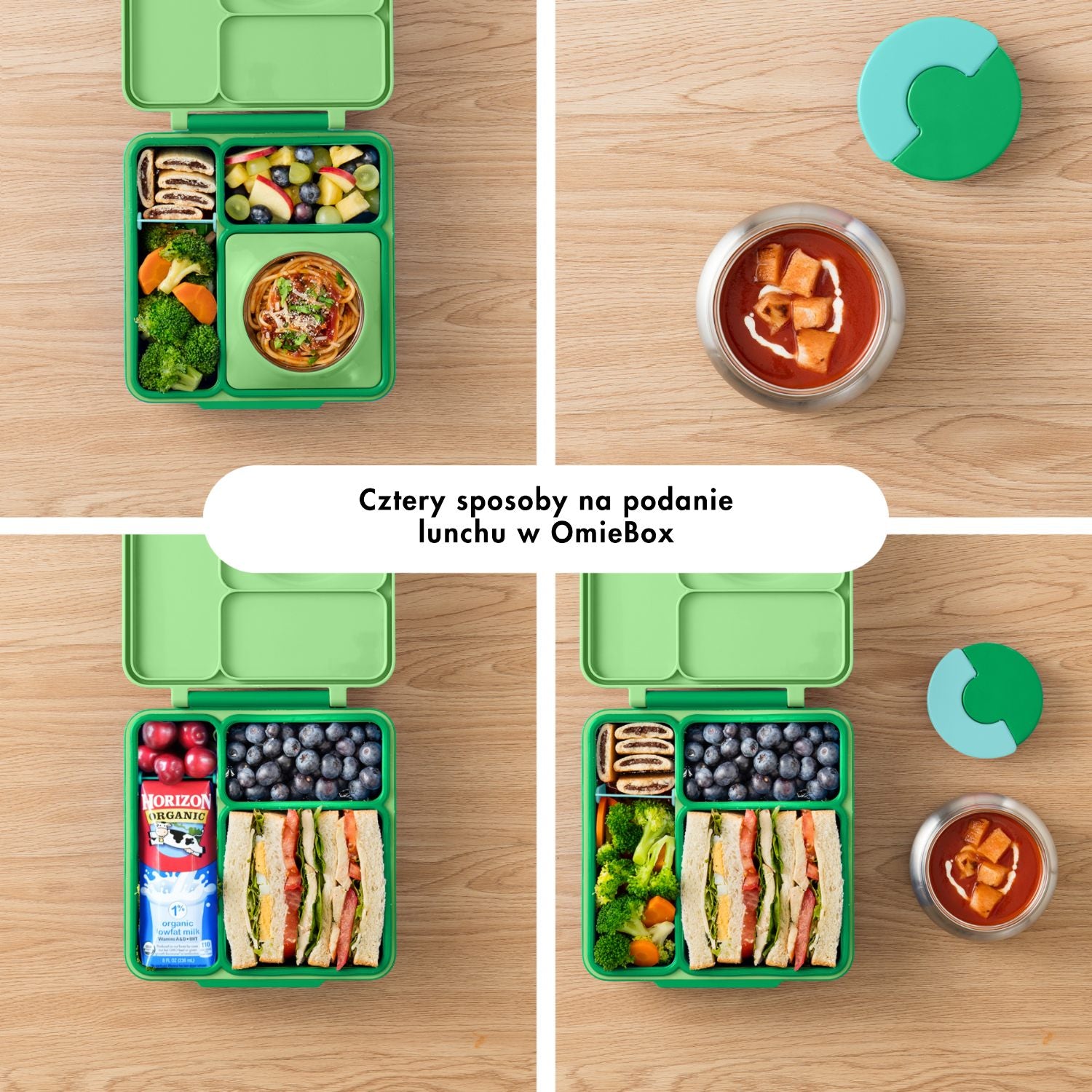 OmieBox Apple Green – pastelowo zielony lunchbox z termosem, przegródkami i uchwytem, idealny do szkoły i przedszkola.